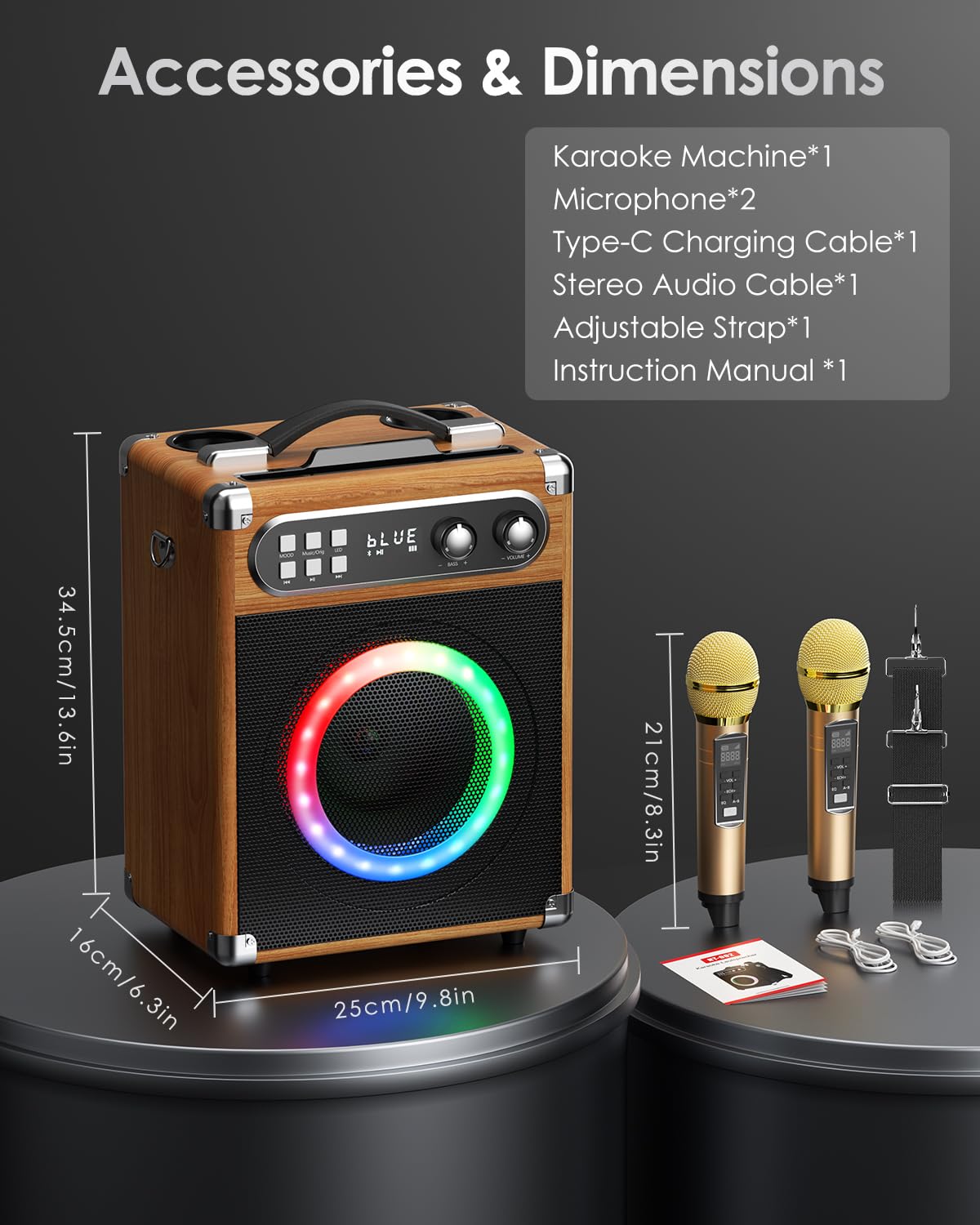 Karaoke Macchina portatile Karaoke professionale con 2 microfoni wireless UHF, sist. PA con lampada DJ, ideale per karaoke familiare, feste di canto, feste di matrimonio, matrimonio