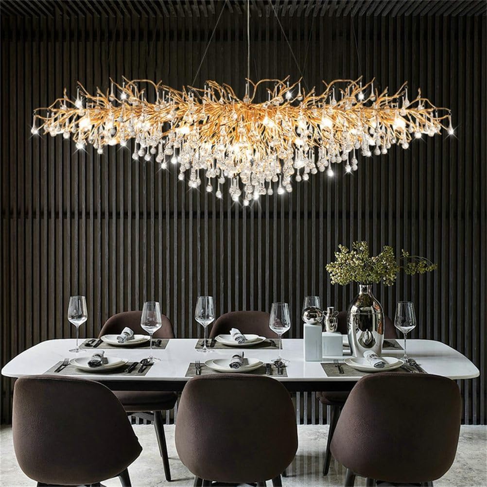 KXEcoLife Modern Crystal Chandelier for Dining Room - Rectangle Light Fixture, Raindrop Tree Branch Chandeliers Living Room, Bedroom, Entryway, Foyer, High Ceiling,L140cm