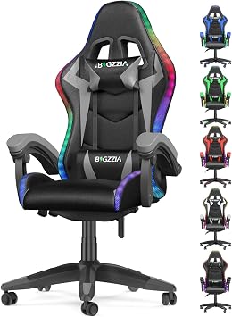 bigzzia Gaming Chair with RGB Computer Chair with Light Reclining PU Leather Video Game Chair with Headrest Adjustable Lumbar Support With RGB led, Black/Grey