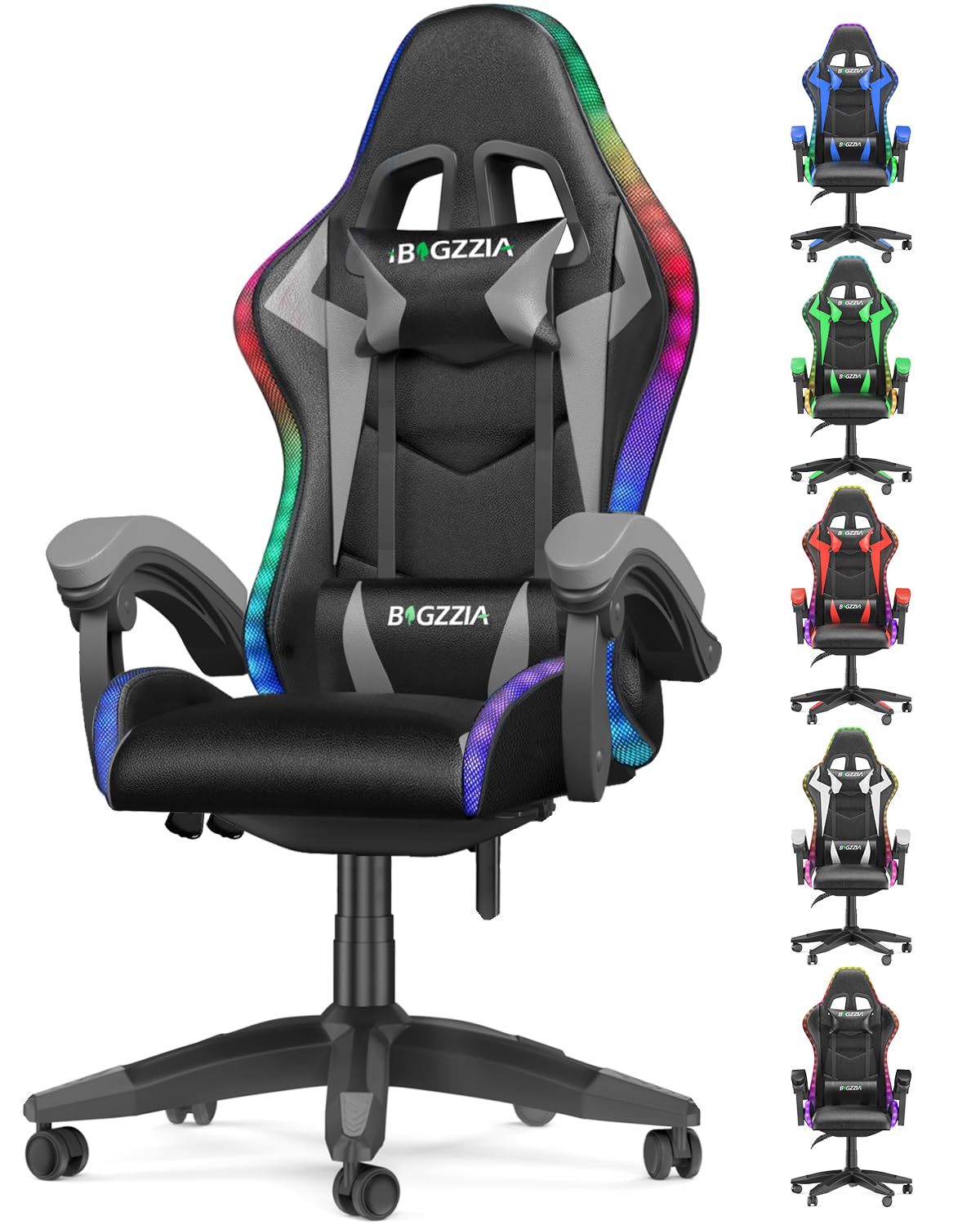 bigzzia Silla Gaming con Luces LED,Silla Ergonómica Gaming,Altura Regulable Silla con Apoyo Lumbar y Reposacabezas, Respaldo Inclinable hasta 155° (Utilización RGB, Gris)
