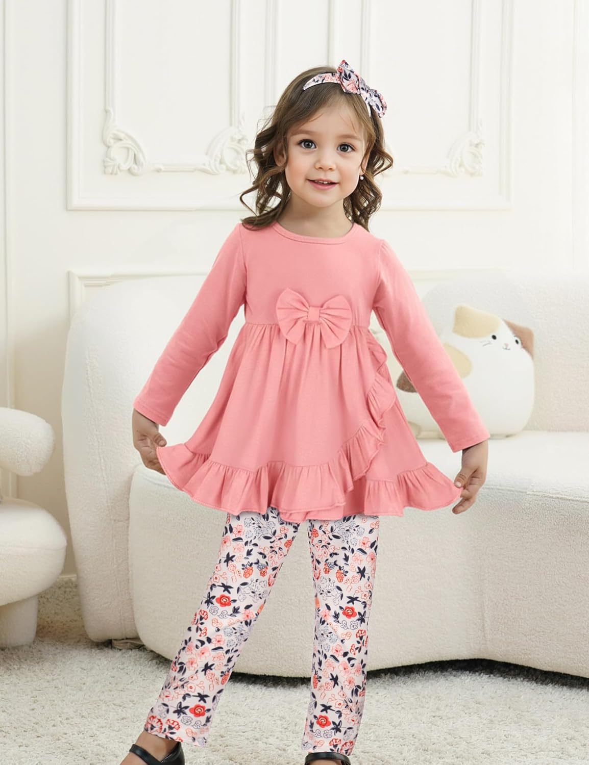 oklady Toddler Girl Clothes Unique Bow and Ruffled Design Tops Floral Pants with Headband,Toddler Girl Outfits Size 18M-5T - Image 2