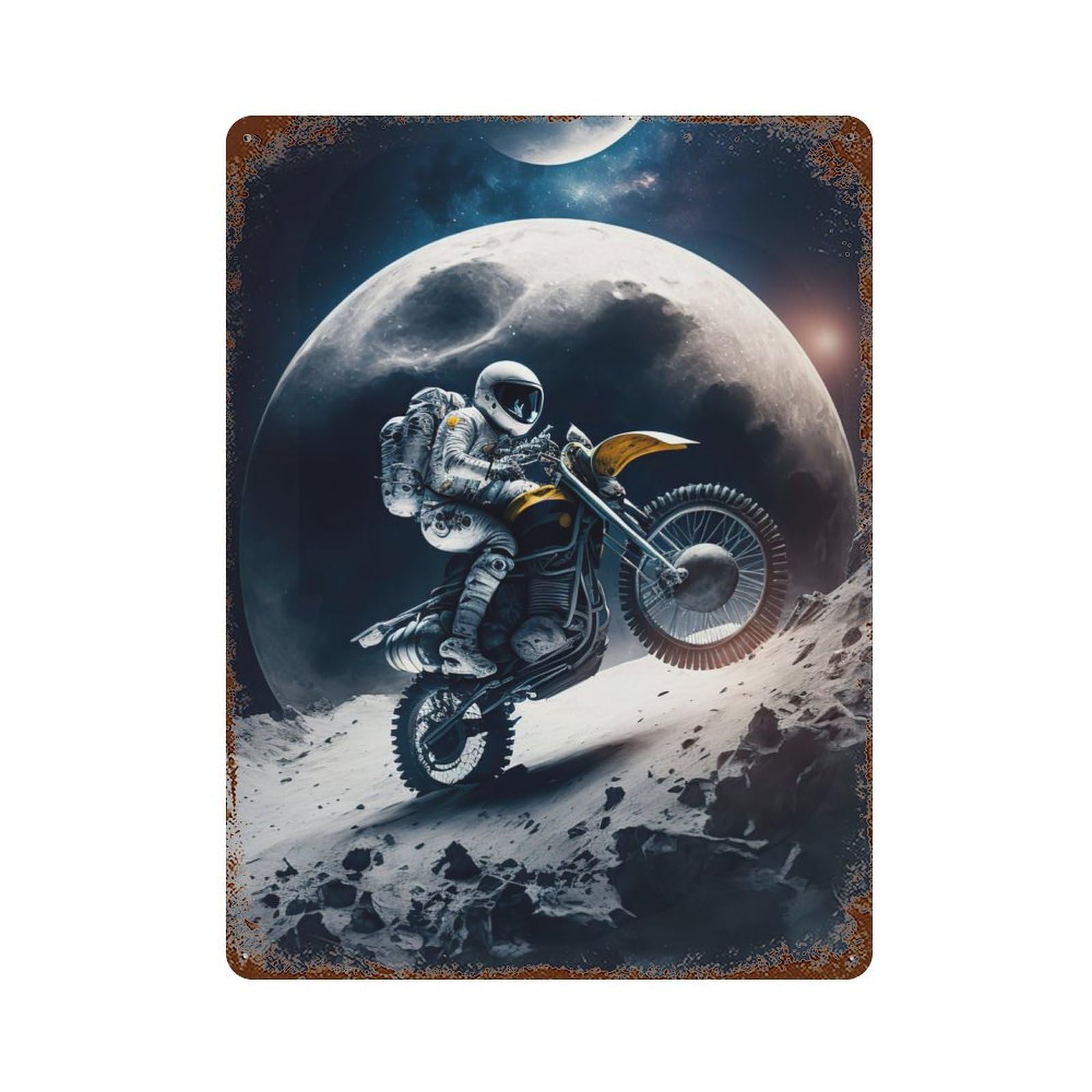Rust Effect Astronaut Riding Motorbike Rusty Metal Tin Sign 15.7"x11.8", Old School Wall Decor for Basement, Hobby Room And Garage Decor