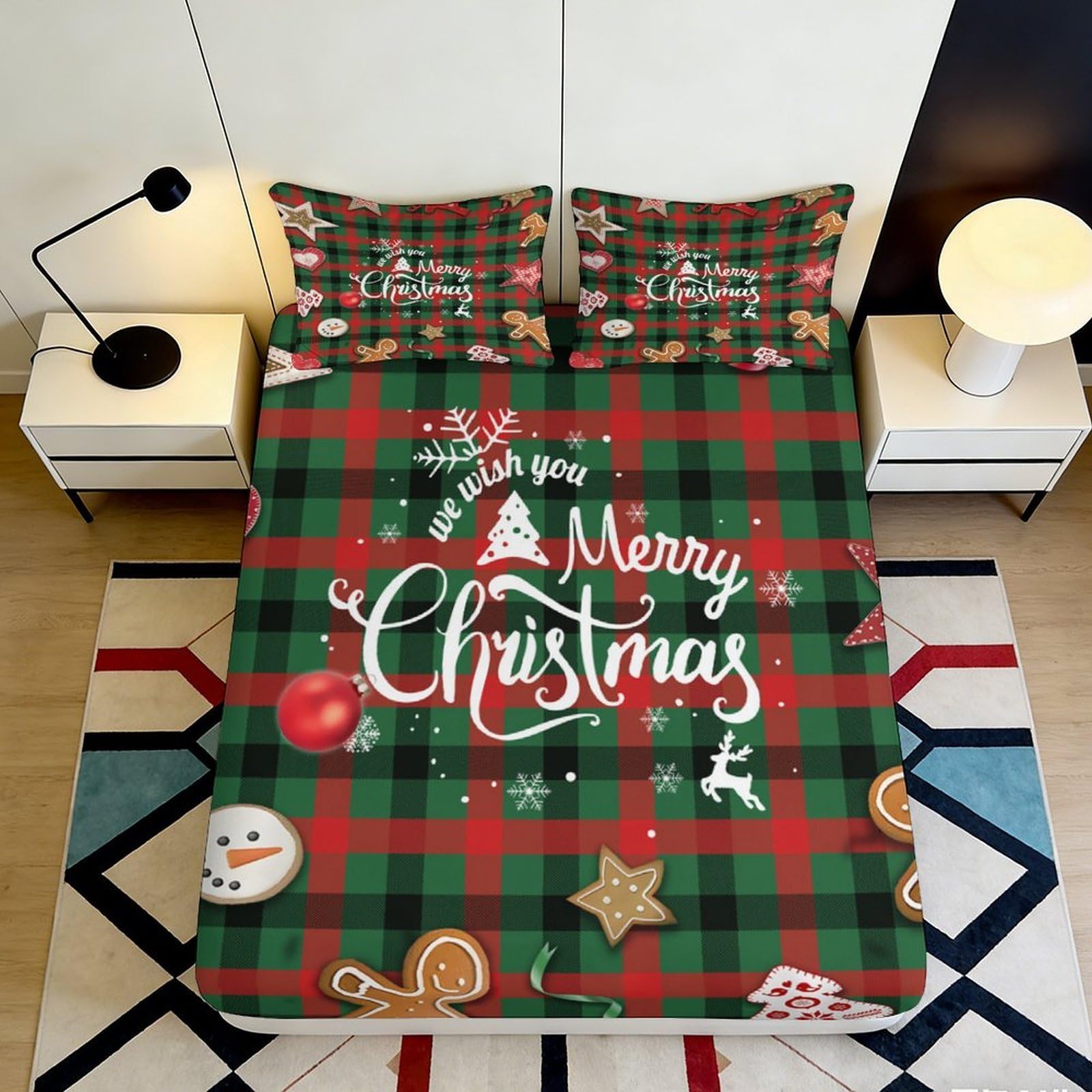 3D Printed Christmas Plaid Fitted Sheet Microfiber Soft Gingerbread Bed Cover Anti-Slip for Bedroom Guestroom 90x200x25cm