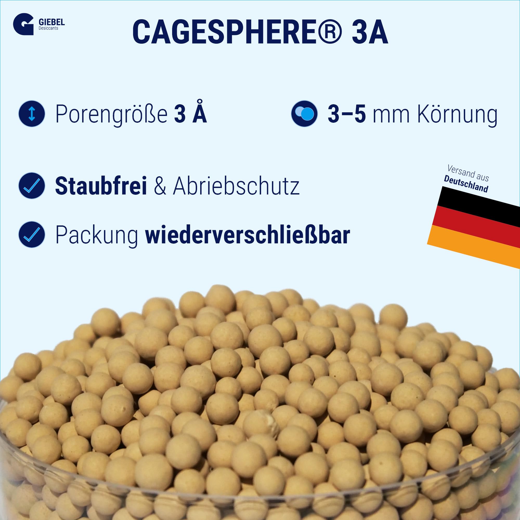 CAGESPHERE Molekularsieb 3A Trockenmittel Granulat Zeolith 3,5kg, Selektive Adsorption, Tiefentrocknung, 3-5mm Körnung – Trocknung von Luft, Gasen & Flüssigkeiten