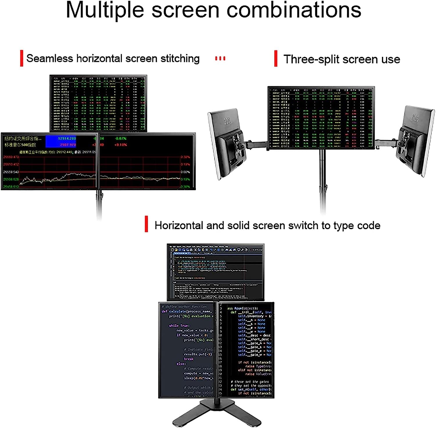 Supporto Universale per TV, Multifunzione, per Tre Monitor, Tre Bracci Regolabili per impieghi gravosi con Base in Metallo, per Tre schermi TV da 27 Pollici.