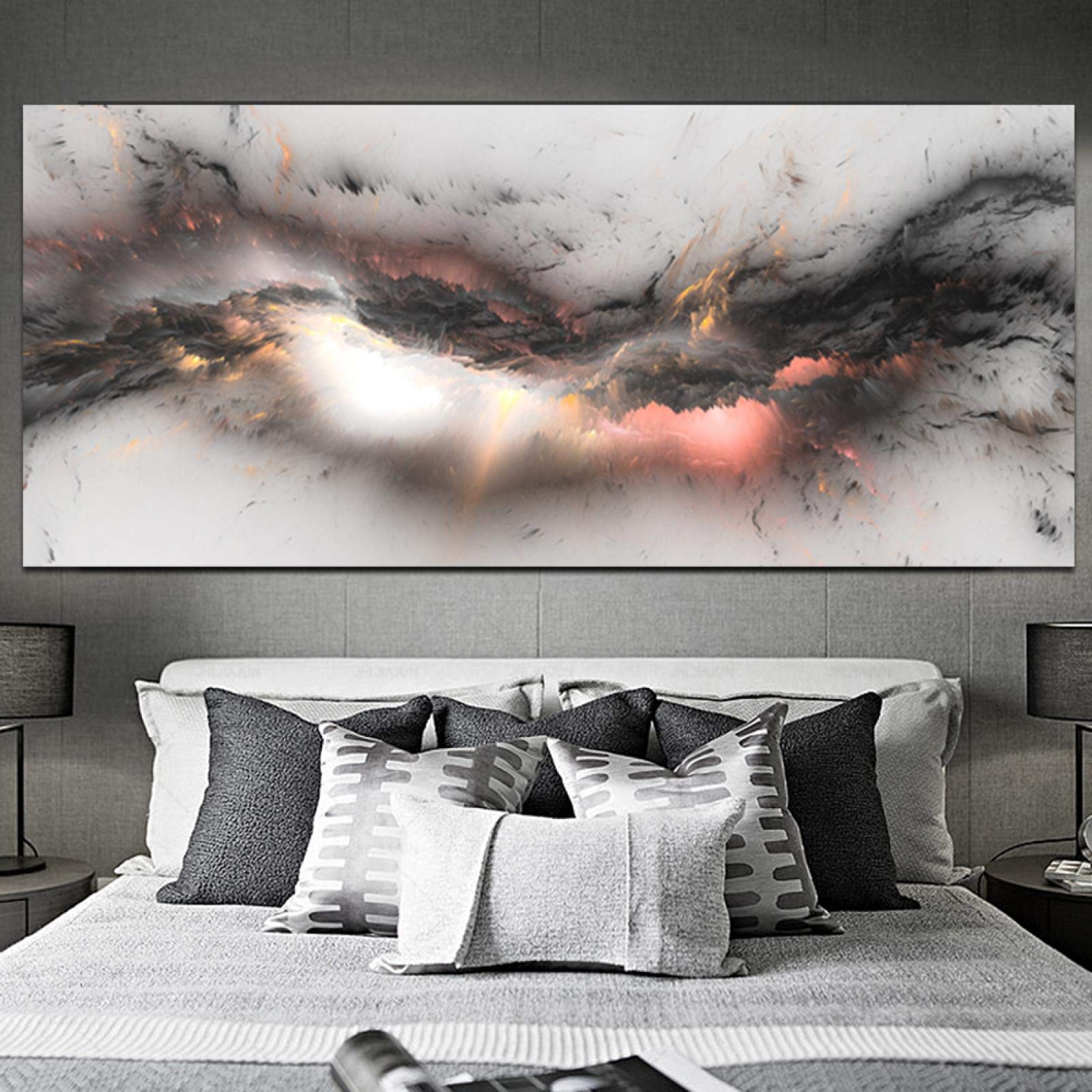 Gran tamaño enmarcado Arte de la pared Pintura Lienzo Arte Gris Color Nube Pintura abstracta Póster moderno Cuadro de pared para sala de estar 80x168cm (32x67in) Marco interior