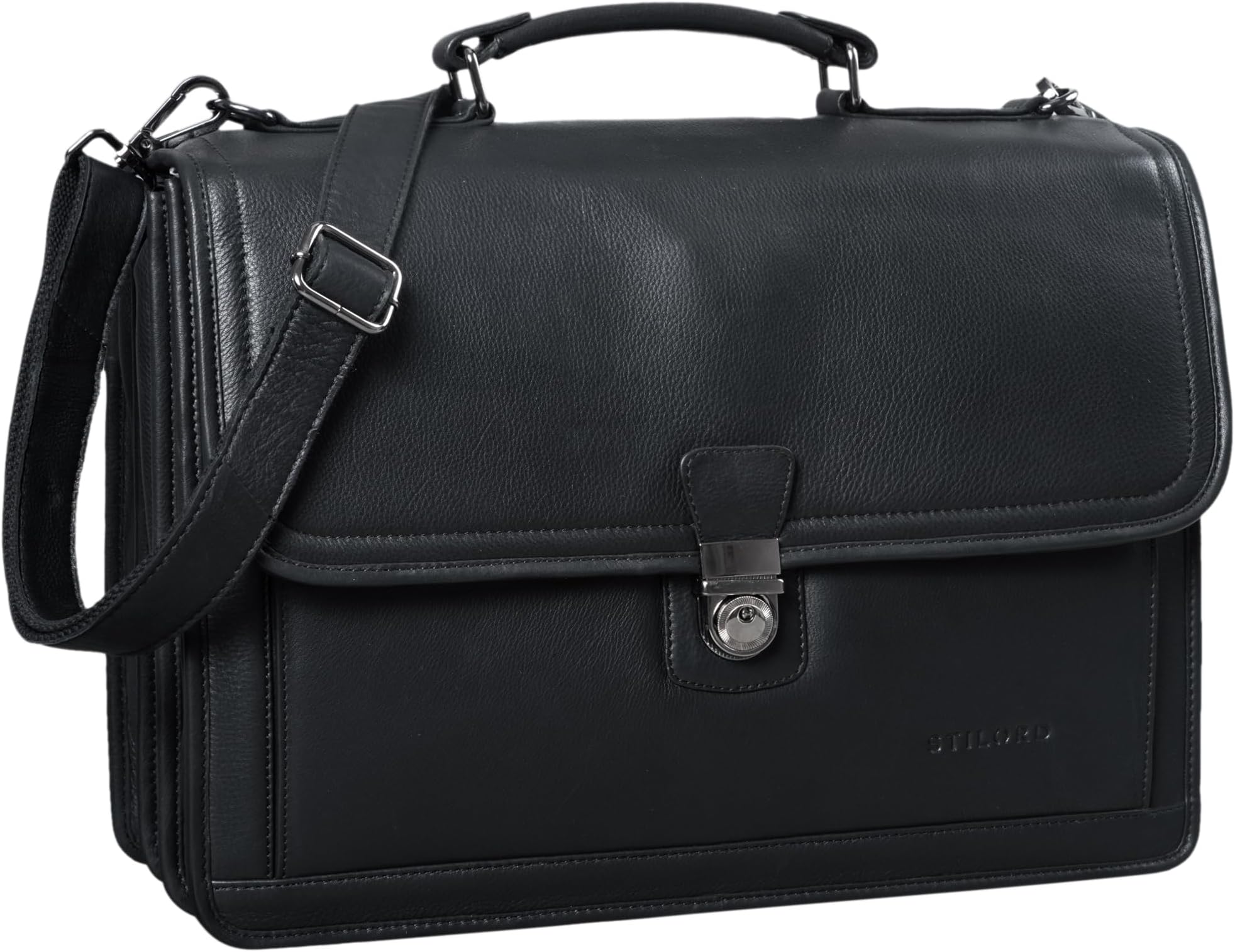 "Thaddäus" Vintage Briefcase Shoulder Bag Leather Large Business Bag with Laptop Compartment Lock and Key Colour:Kara - Cognac