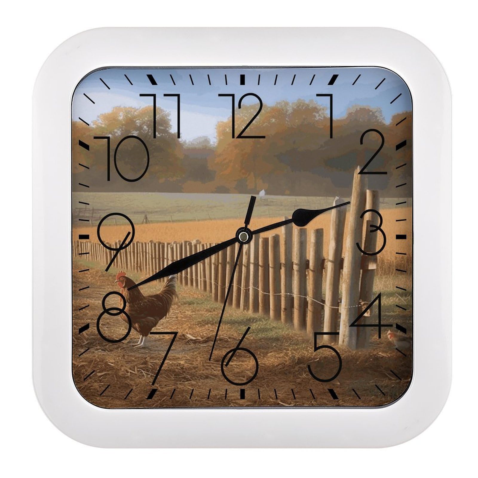 NTVOWPZO 10 Inch Wall Clock Chicken Wood Stake Farmland Battery Operated Wall Clocks Silent Non-Ticking Square Wall Clock for Living Room Kitchen Home Office Wall Decorative Clocks