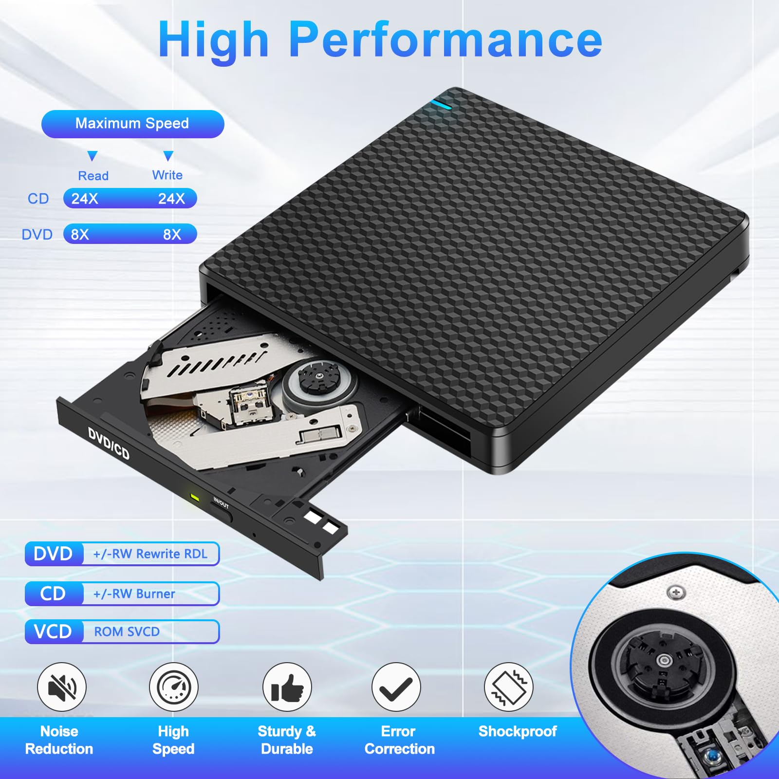 Guamar Lecteur CD DVD externe : graveur USB-C fin et portable pour ordinateur portable, PC, MacBook, Mac Windows 11/10 avec fente SD/TF/2 ports USB, transfert de données rapide – Plug & Play (noir)