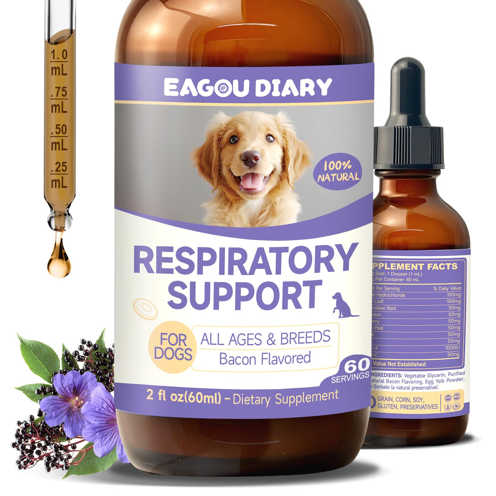 EagouDiary Dog Cough Treatment,Liquid Kennel Cough Treatment with Lysine, Mullein, Vitamins,Natural Supplement for Canine Respiratory, Sneezing, Dry,