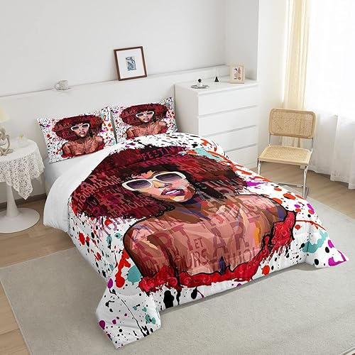 Miniatura 3 de Erosebridal Juego de edredón y ropa de cama de niña negra afroamericana, juego de edredón de grafiti colorido para niñas, niños, adolescentes,