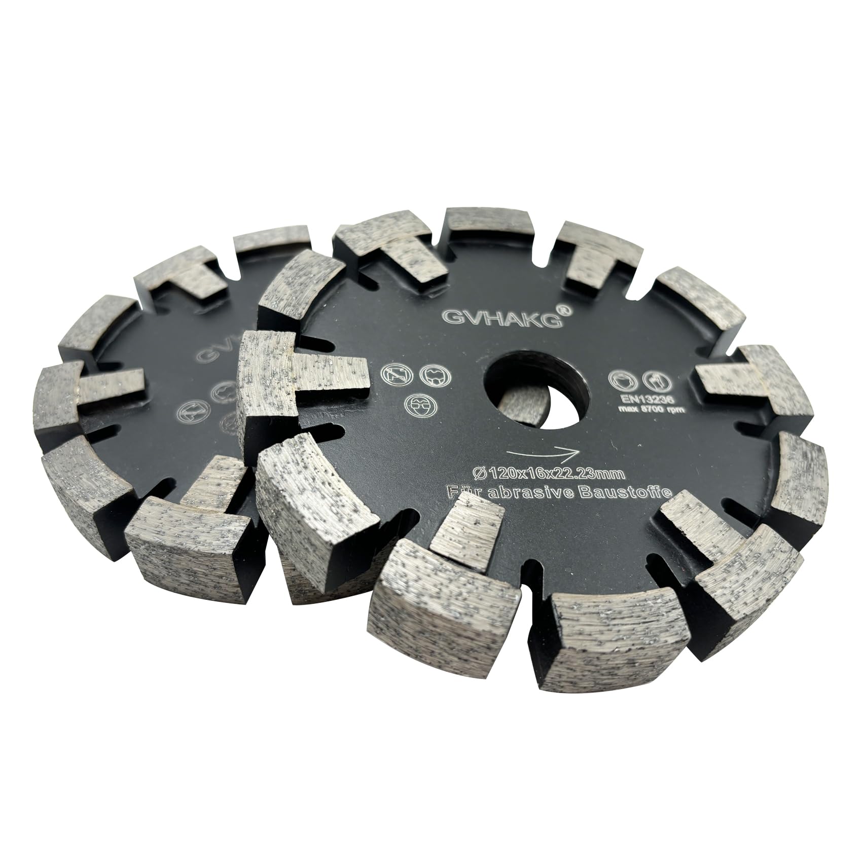 Dientes protectores Tuck Point - Hoja de sierra de diamante para corte en seco de hormigón medio ranurado, ancho de segmento 16 mm, altura de segmento 10 mm (120 x 16 x 22,23 mm)