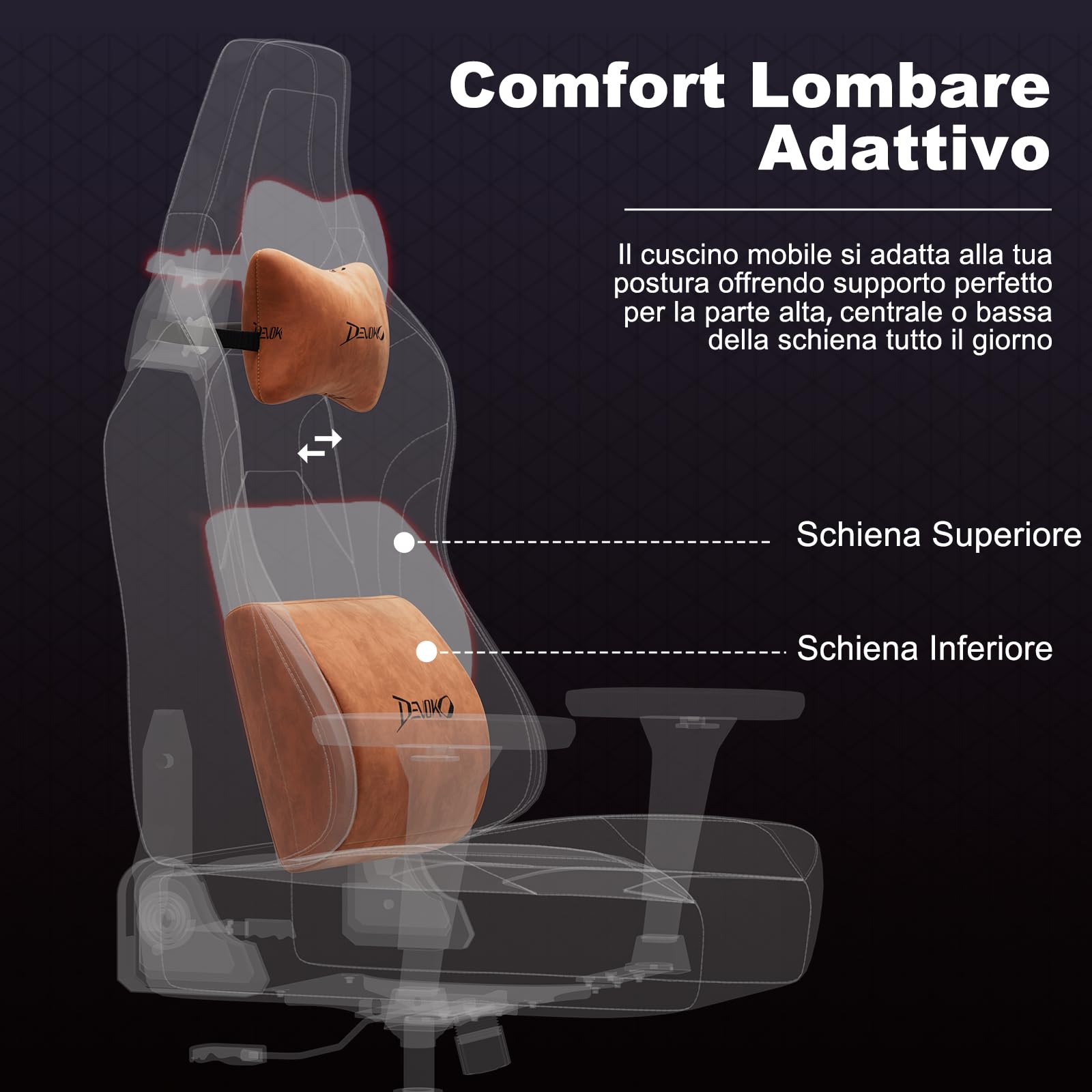 Devoko Sedia da Gaming Ergonomica in Pelle Scamosciata, Poltrona da Ufficio Gamer Reclinabile 90°-135°, Braccioli 3D Regolabili, Base in Metallo, Ruote Silenziose, Portata 180kg, Marrone Chiaro