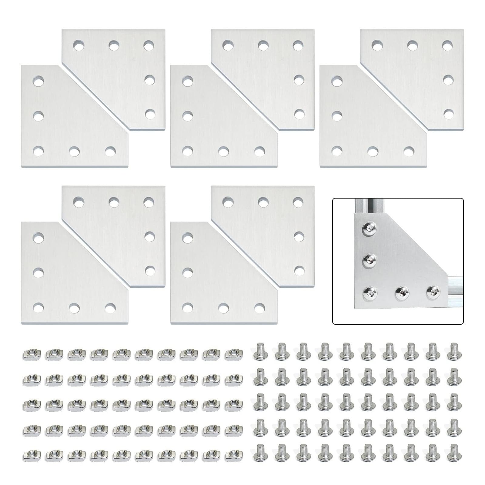 Placa de unión en L con ranura en T de aleación de aluminio de 10 piezas y tornillos hexagonales M5x8 de 50 piezas y tuercas en T de 50 piezas aptas for perfiles de aluminio de la serie 2020 Cheerfull