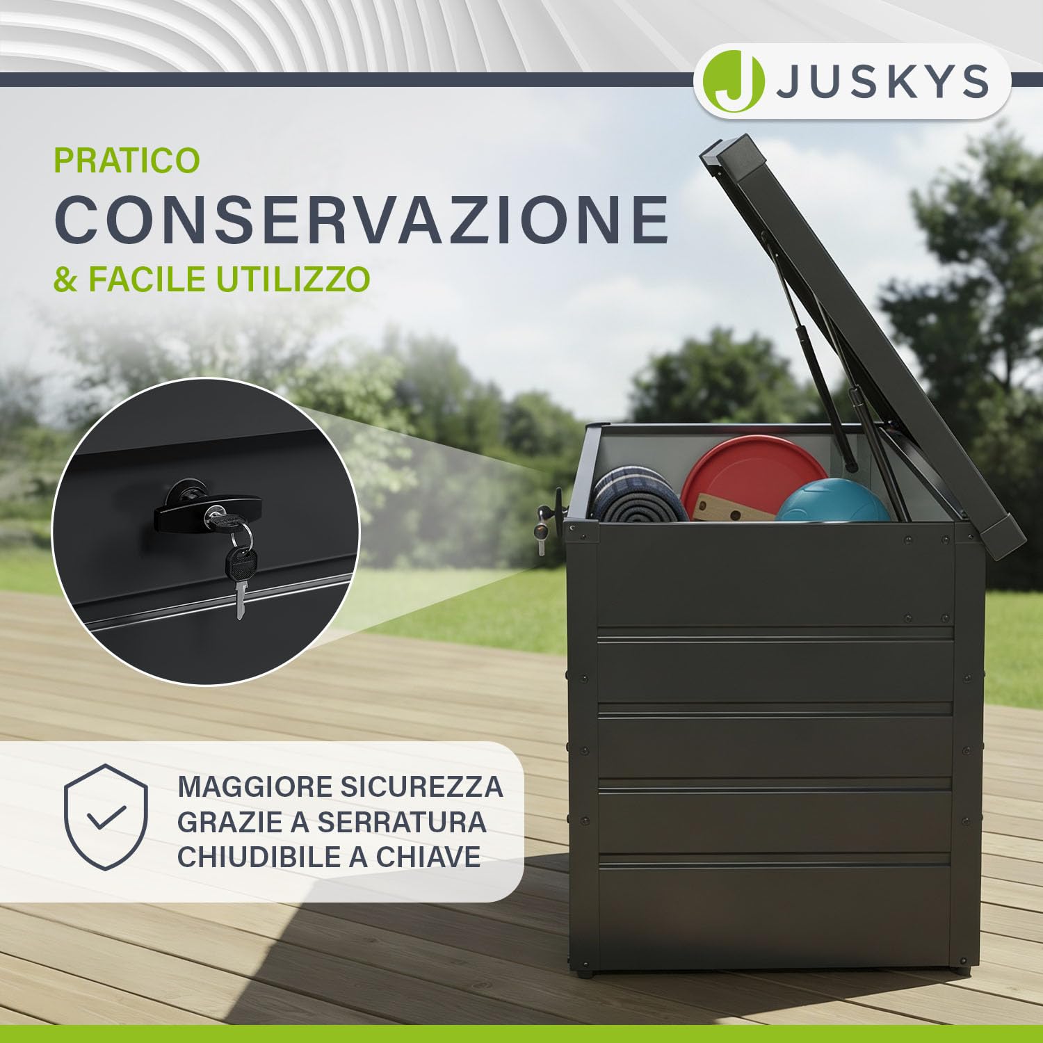 Juskys box di stoccaggio in metallo Limani 380 L – per esterni, impermeabile e chiudibile a chiave – contenitore da giardino per cuscini – antracite