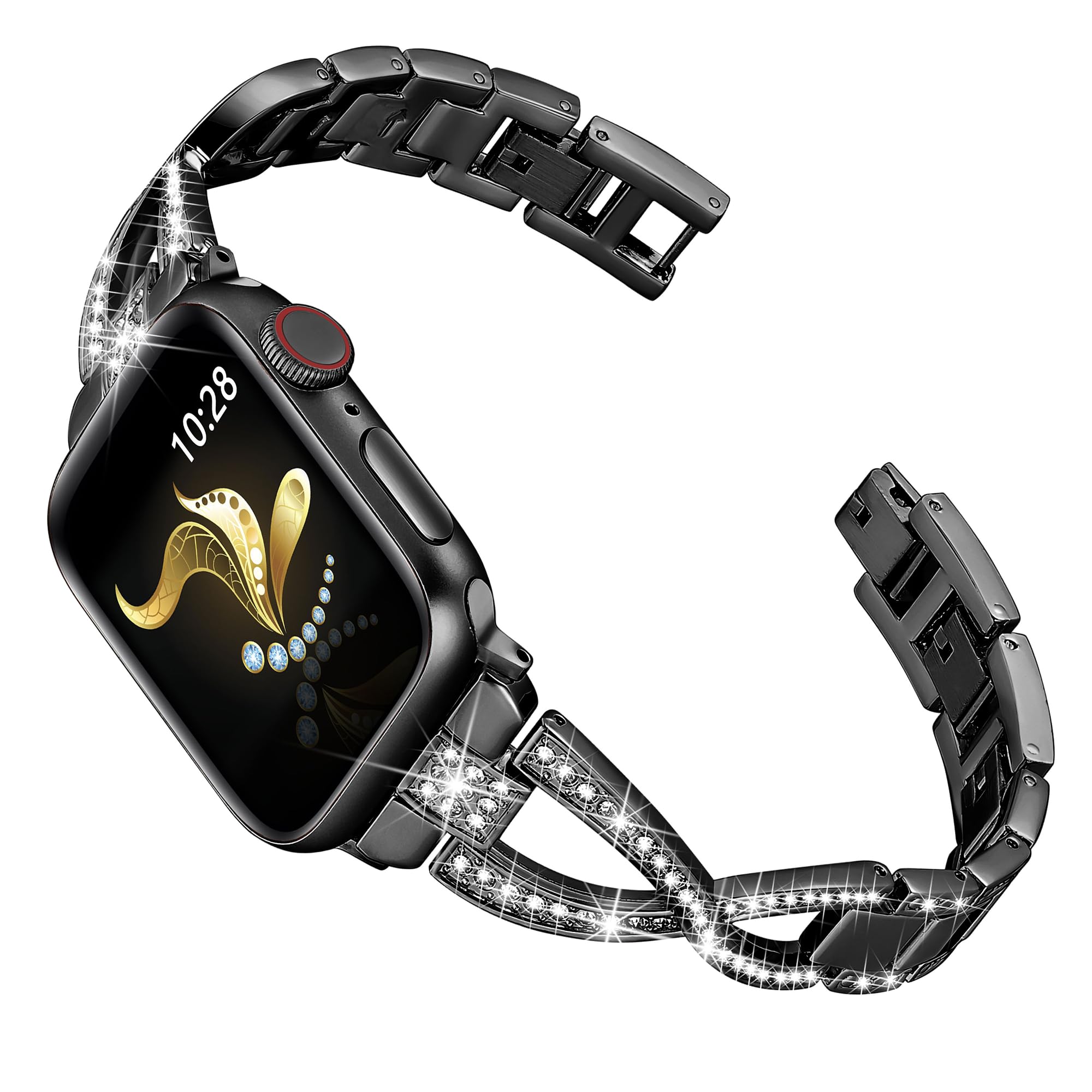 Compatible con Apple Watch pulsera de 46 mm, 45 mm, 44 mm, 42 mm, 49 mm, elegante pulsera de metal Bling iWatch para Apple Watch SE Series 10 9 8 7 6 5 4 3 Ultra 2/1, banda brillante para mujer