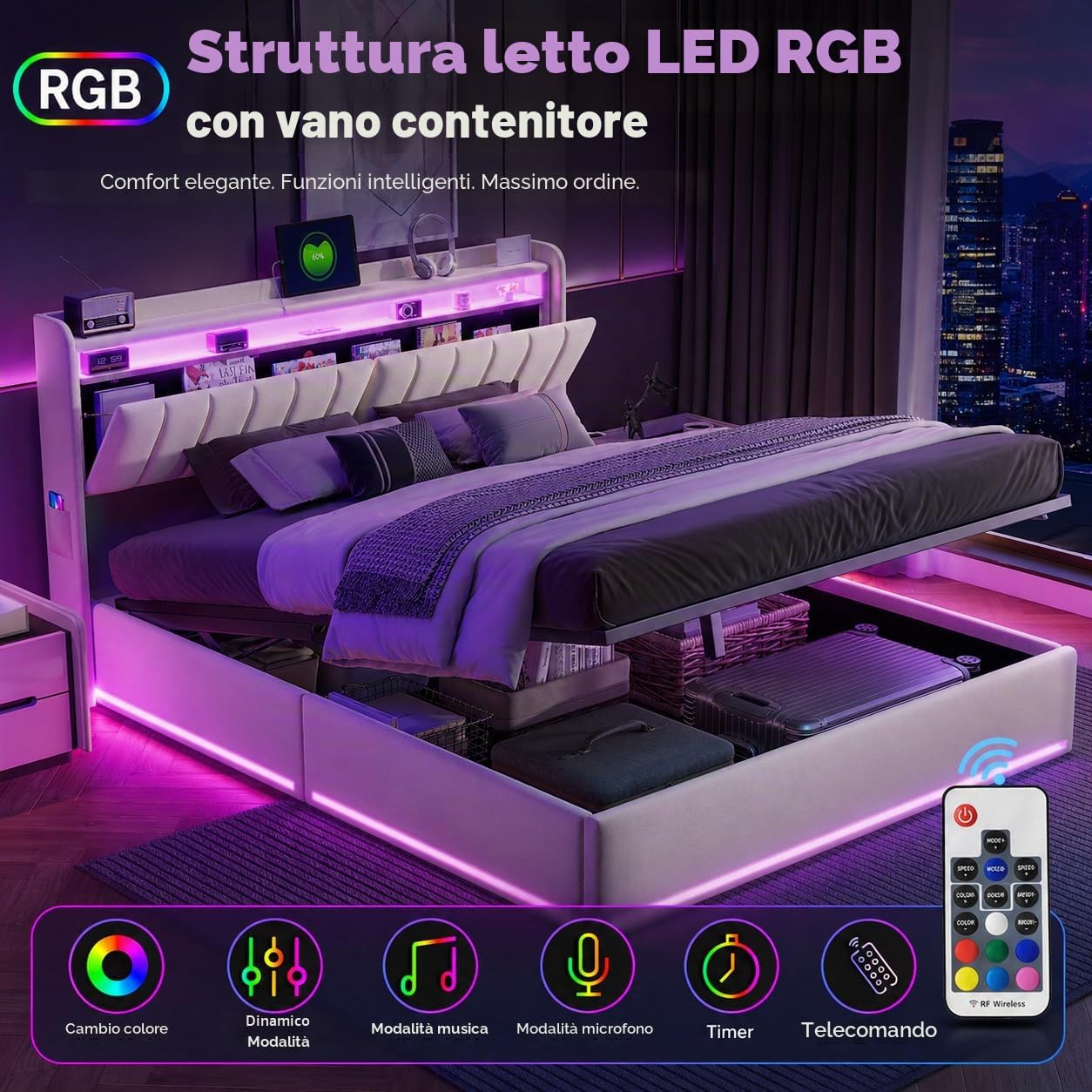 BRILVERDE Letto imbottito 140x200 con Contenitore idraulico, Letto matrimoniale a LED con USB, Funzionale con testiera, Struttura letto con rete a doghe, Velluto (Grigio, 140 x 200 cm)