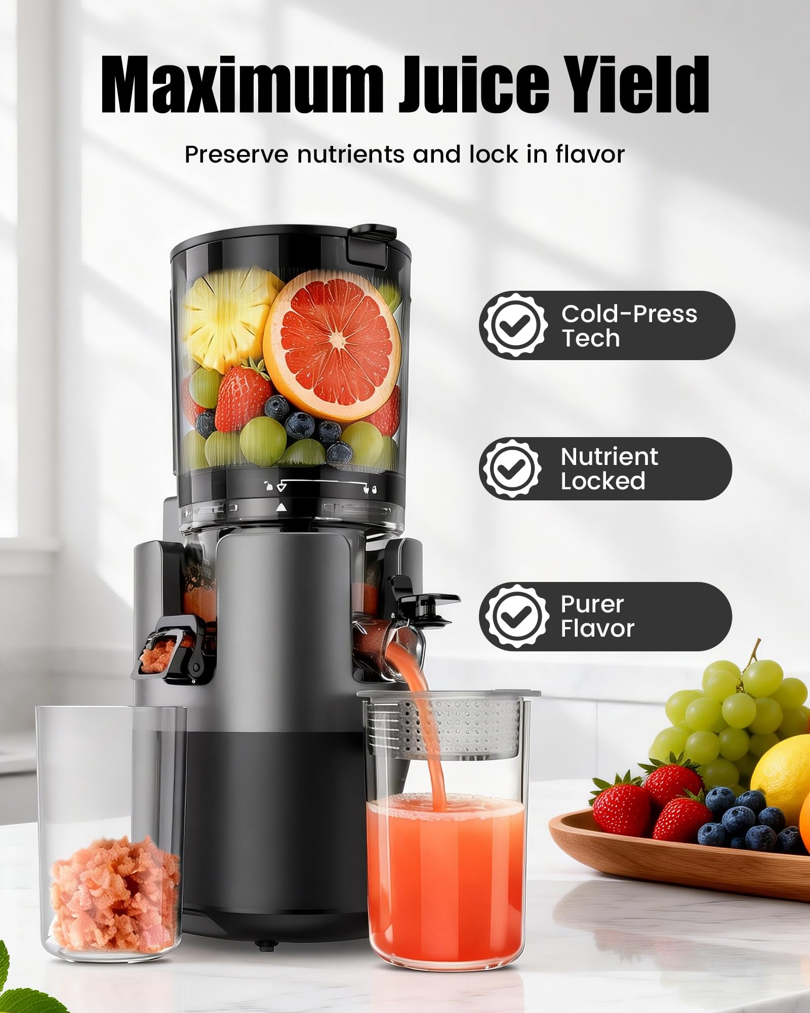 Staweiger Juicer Machines, Cold Press Juicer with 6" Extra Wide Chute, 90oz Capacity, Powerful AC Brushless Motor, High Juice Yield, Quiet Low db, BPA-Free Juicer Press For Whole Vegetables & Fruits - 3