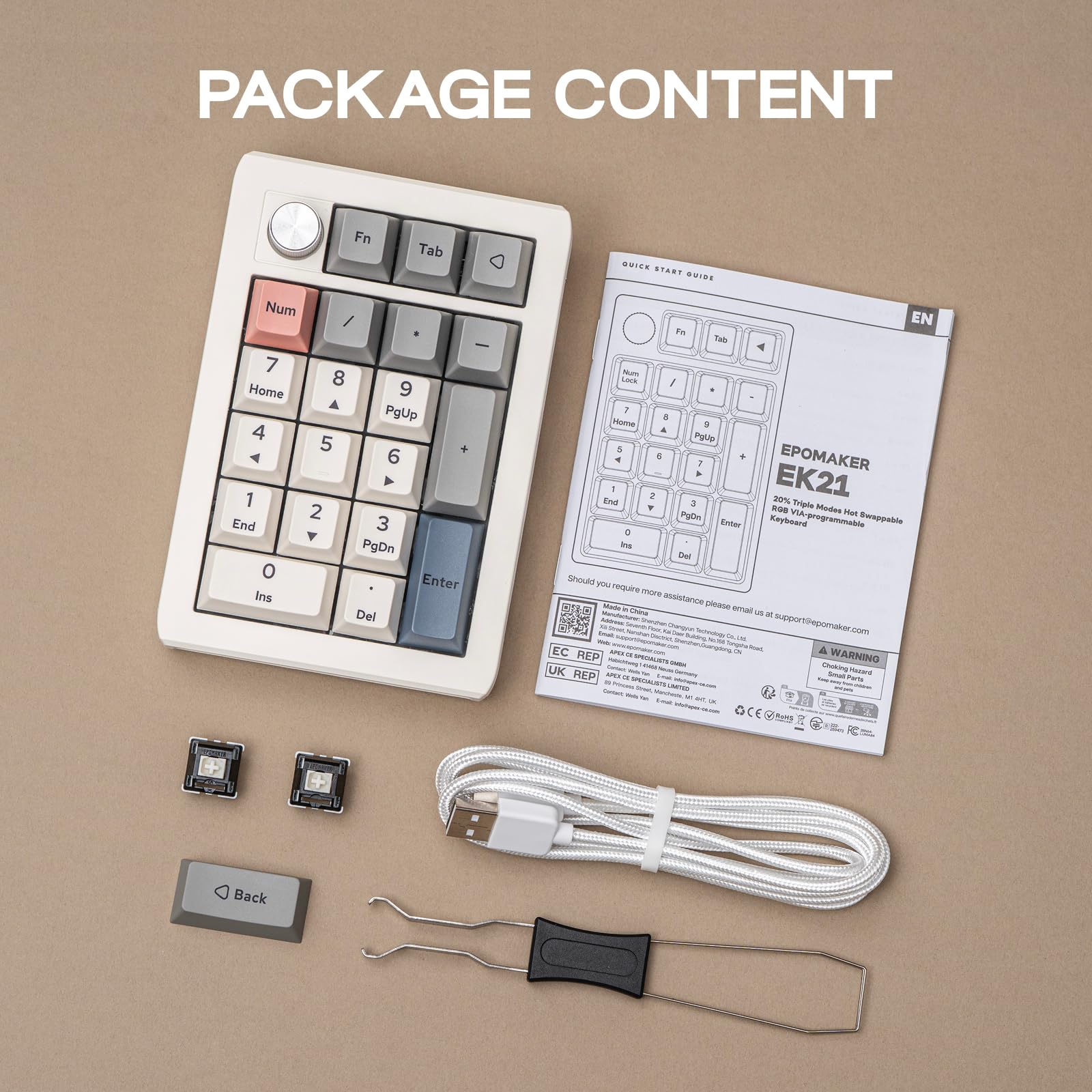 EPOMAKER EK21 Via Gasket Klawiatura numeryczna z baterią 1000 mAh, BT 5.0/2,4 GHz / przewodowy Hot-Swap Numpad z pokrętłem ze stopu aluminium, programowalny do Win/Mac/Gaming (przełącznik liniowy