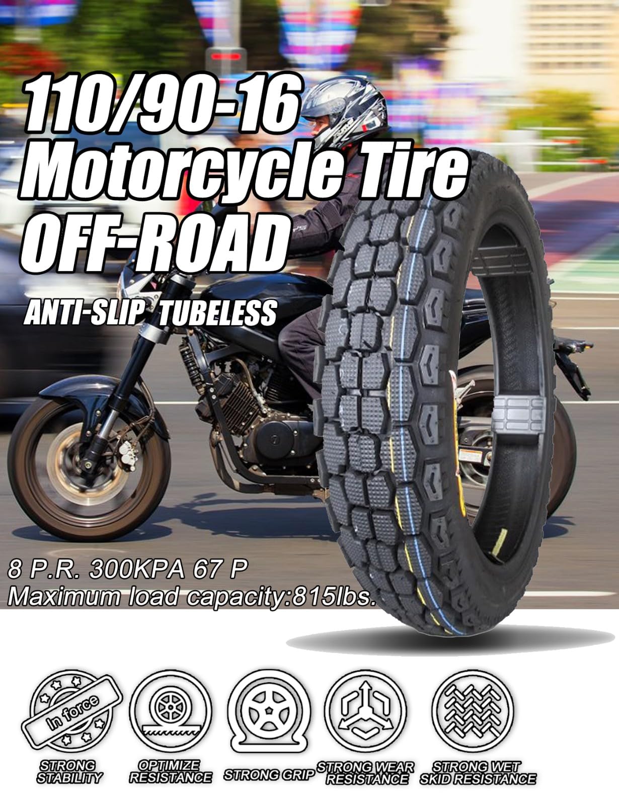 Opona i dętka do motocykli offroad, 16 cali, do motocykli terenowych z przodu lub z tyłu, gruba opona do codziennego użytku, 8 P.R. 300 kPa, 67P