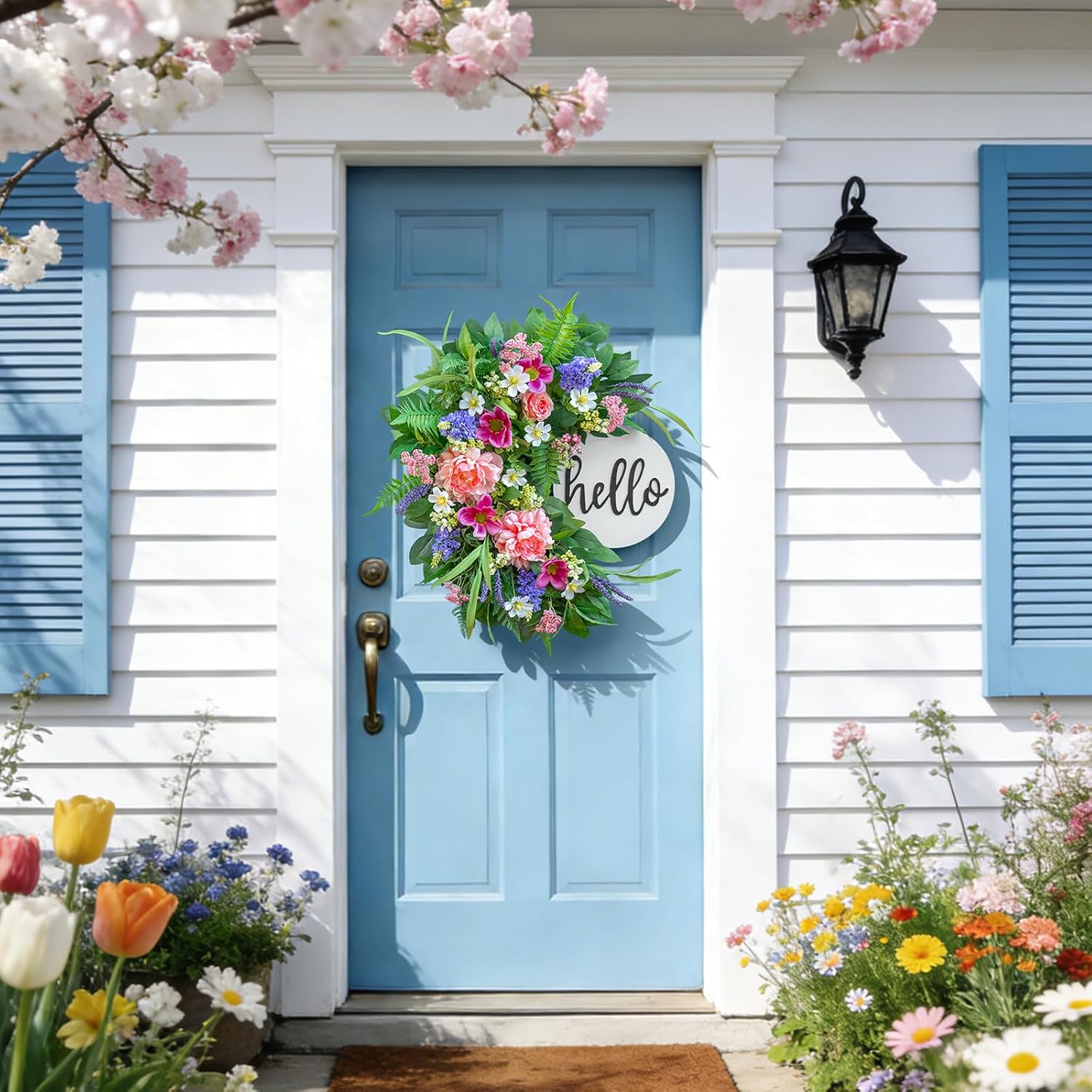 24 Inch Spring Wreath for Front Door with Wooden Welcome Sign, Artificial Peony, Rose, Lavender & Hydrangea Flowers, Spring and Summer Door Wreath for Indoor Outdoor Decor