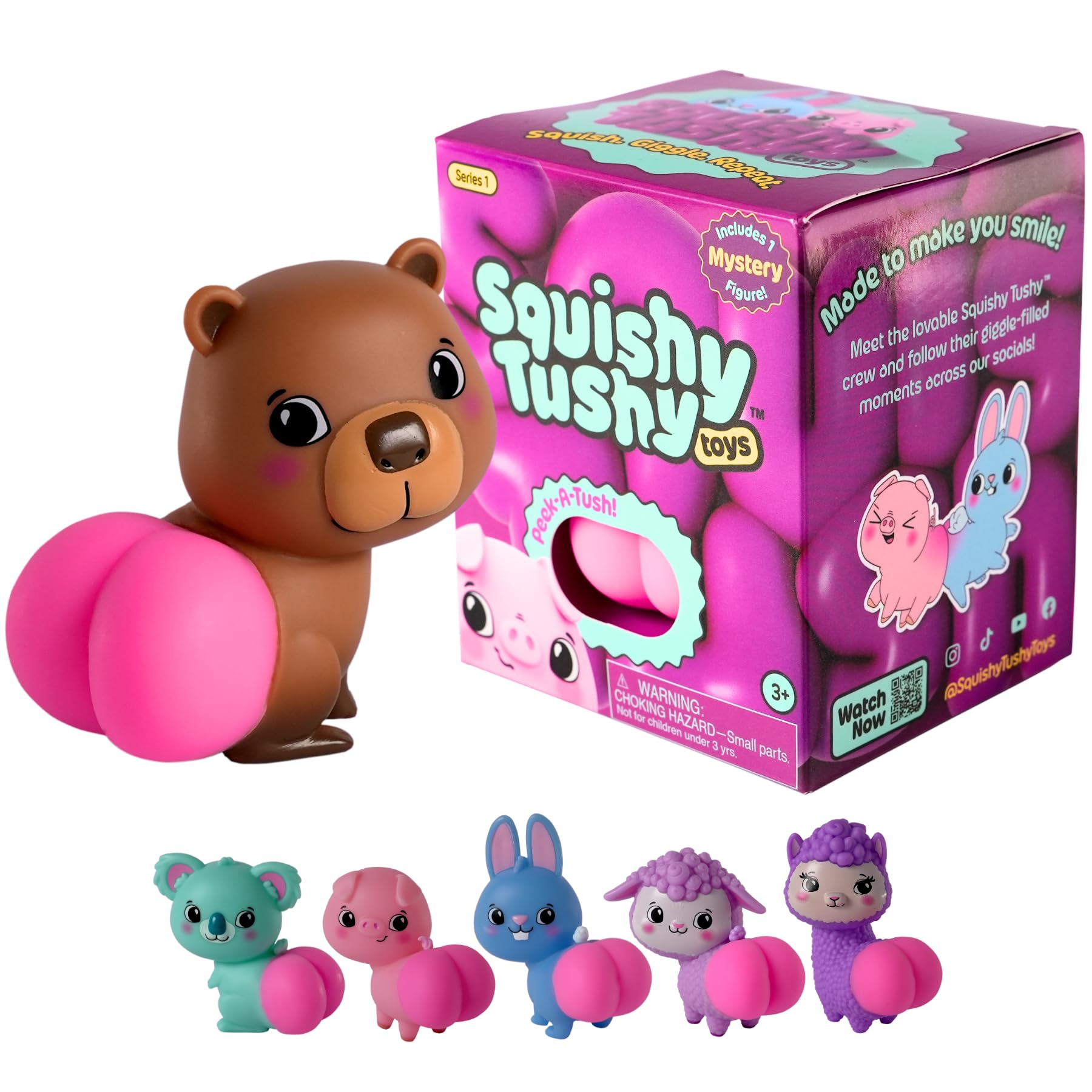 Squishy Tushy Mystery Blind Box - 3 Inch Collectible Figure, Fidget Toy, 3+ | Series 1, Soft Squeezable Booty, 1 Surprise Vinyl Animal, 6 Characters To Collect, Gift for Kids & Adults, Styles Will Vary