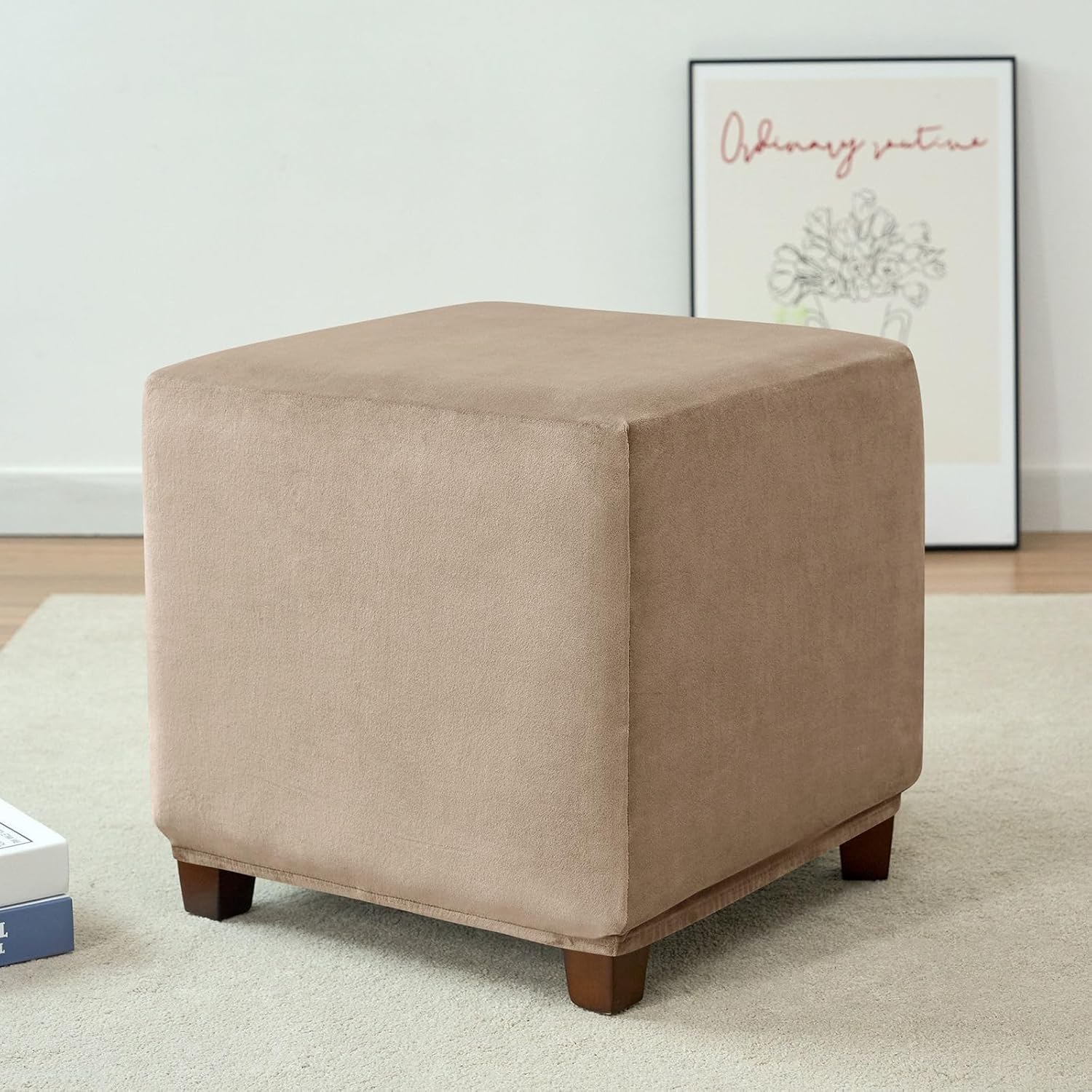 Funda de Puff Cuadrado Elástica de Terciopelo Funda Otomana Funda de Reposapies Sofa Cuadrada 40x40/80x80 Fundas Taburete(Taupe,27-32in/68-81cm)