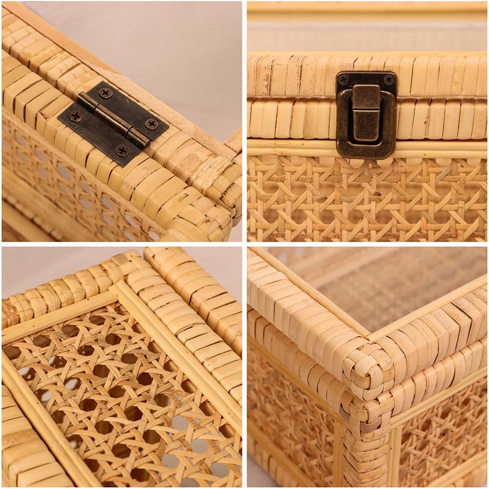 Extra Large Rattan Decorative Box With Lid, Glass Display, Wooden frame，Large size and Rectangular, Set of 2 Woven Decorative Boxes