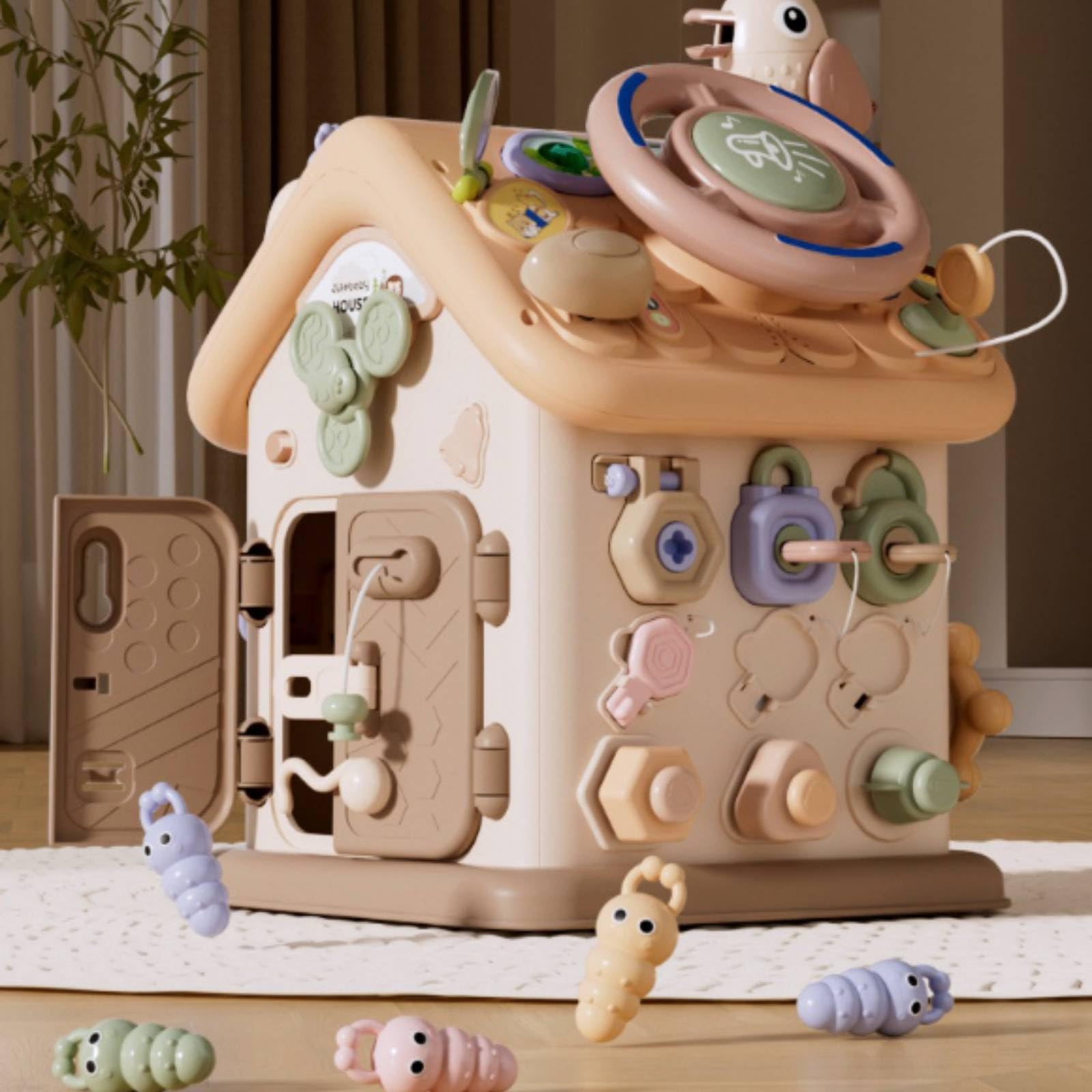 Busy Board a Forma di Casa Educativa Gioco Montessoriano con Serrature Educativo Pannello Sensoriale con Chiusure per Stanza Dei Giochi, Asilo Nido