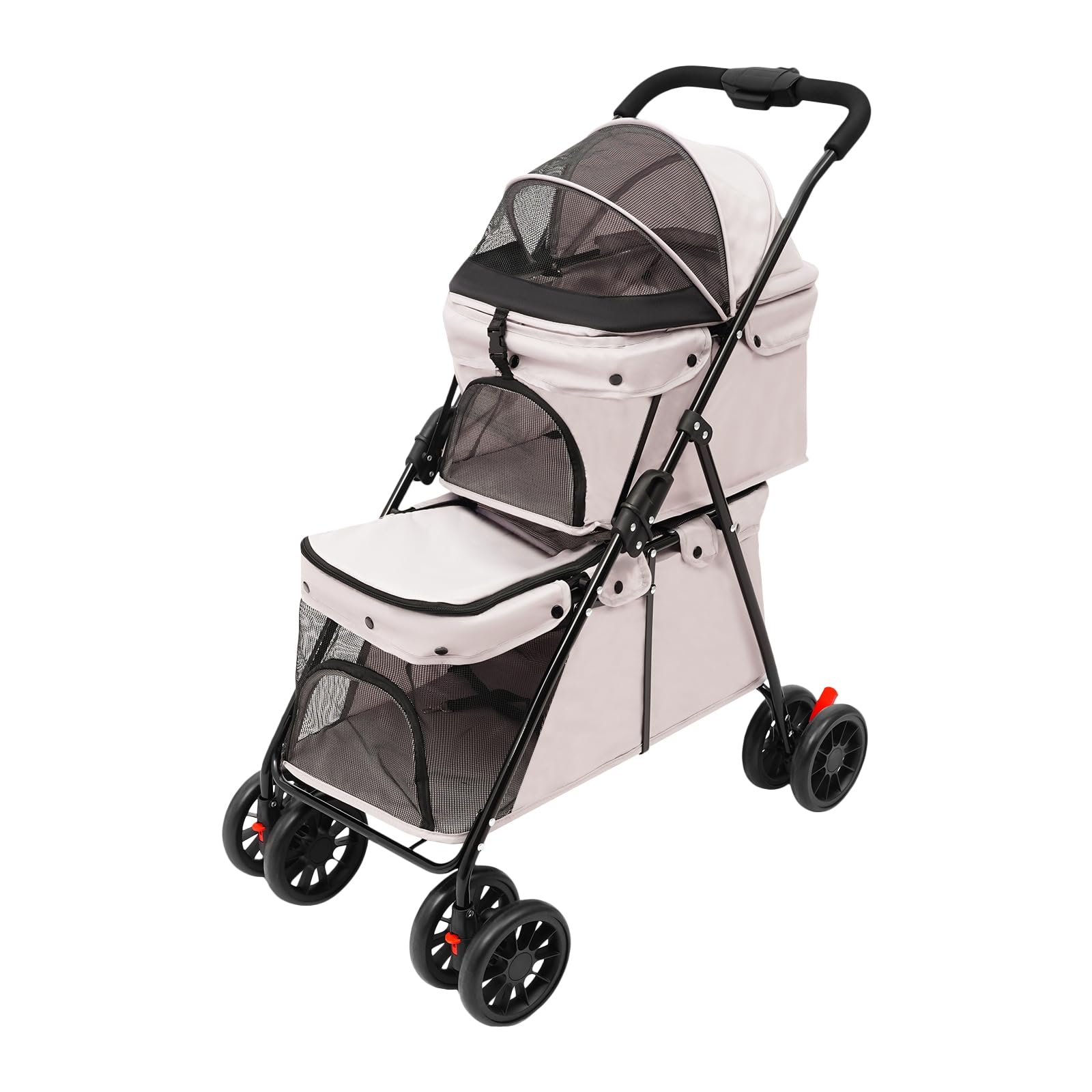 Składany wózek dla zwierząt domowych, 2 poziomy, nośność 15-20 kg, z pasem bezpieczeństwa i torbą do przechowywania, wózek dla psów/kotów (szary)