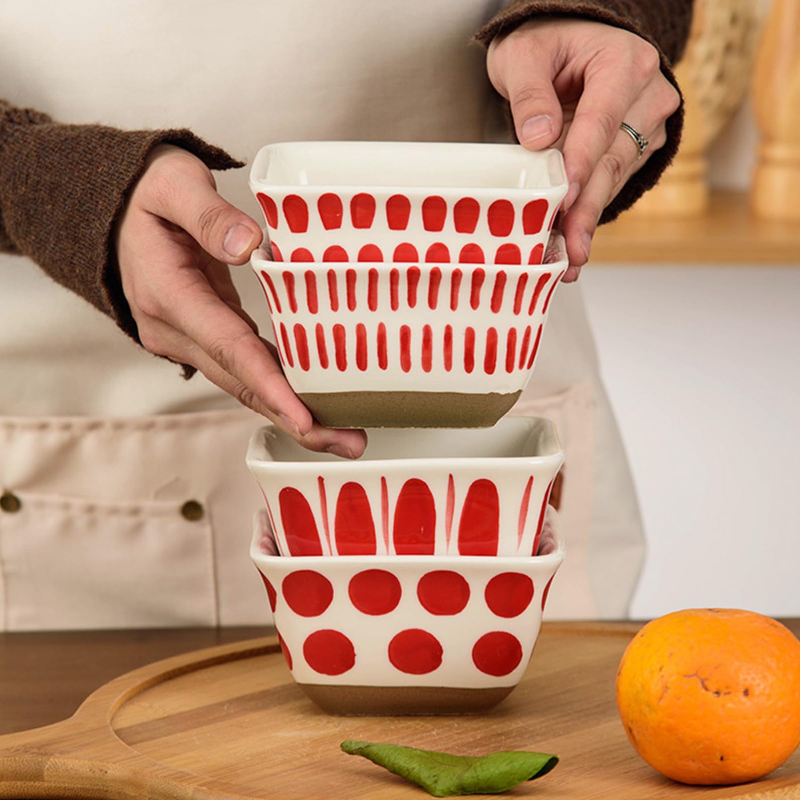 Dxcaicc Plateau De Service Divisé en Céramique avec Fleurs De Bégonia, Émail, Verre, Bois, Plateau À Apéritif, Peint À La Main avec Motif Rouge, Bols Carrés en Céramique,A
