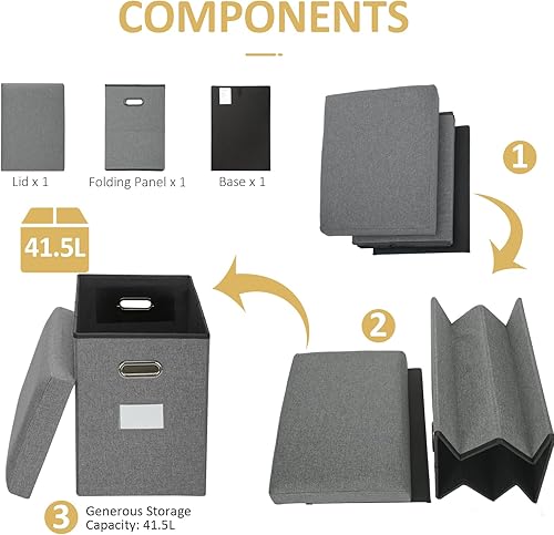 Miniatura 5 de Otomana alta con tela plegable de almacenamiento, muebles otomanos pequeños y plegables con asas, tapa para reposapiés, taburete de lino gris 16.5 x