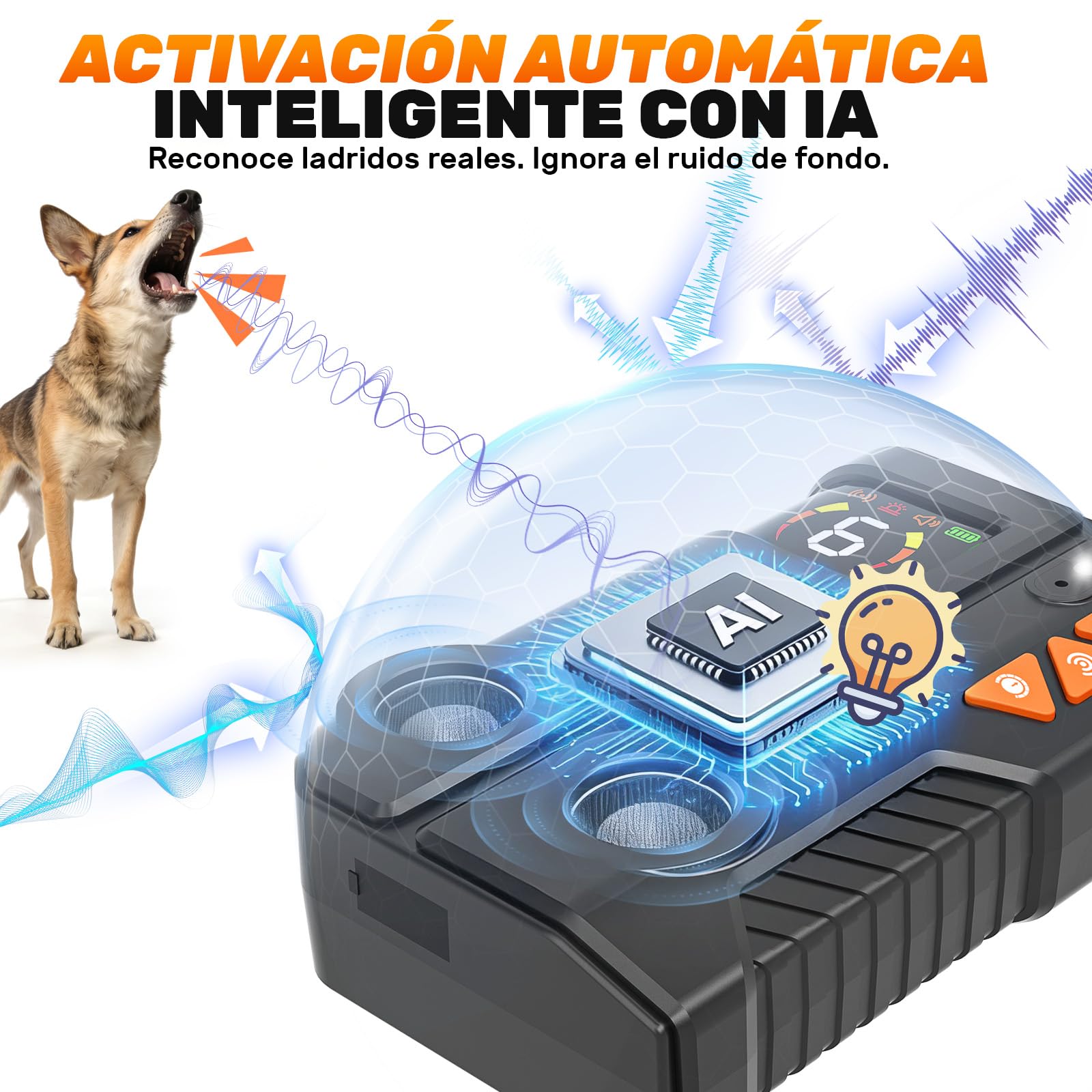 Antiladridos para Perros Dispositivo con AI Inteligente Interior Exterior, Ultrasonidos para Perros, Ahuyentador De Perros Ultrasonidos, 6x3 Ajustable, Doble Emisor IPX6 Recargable