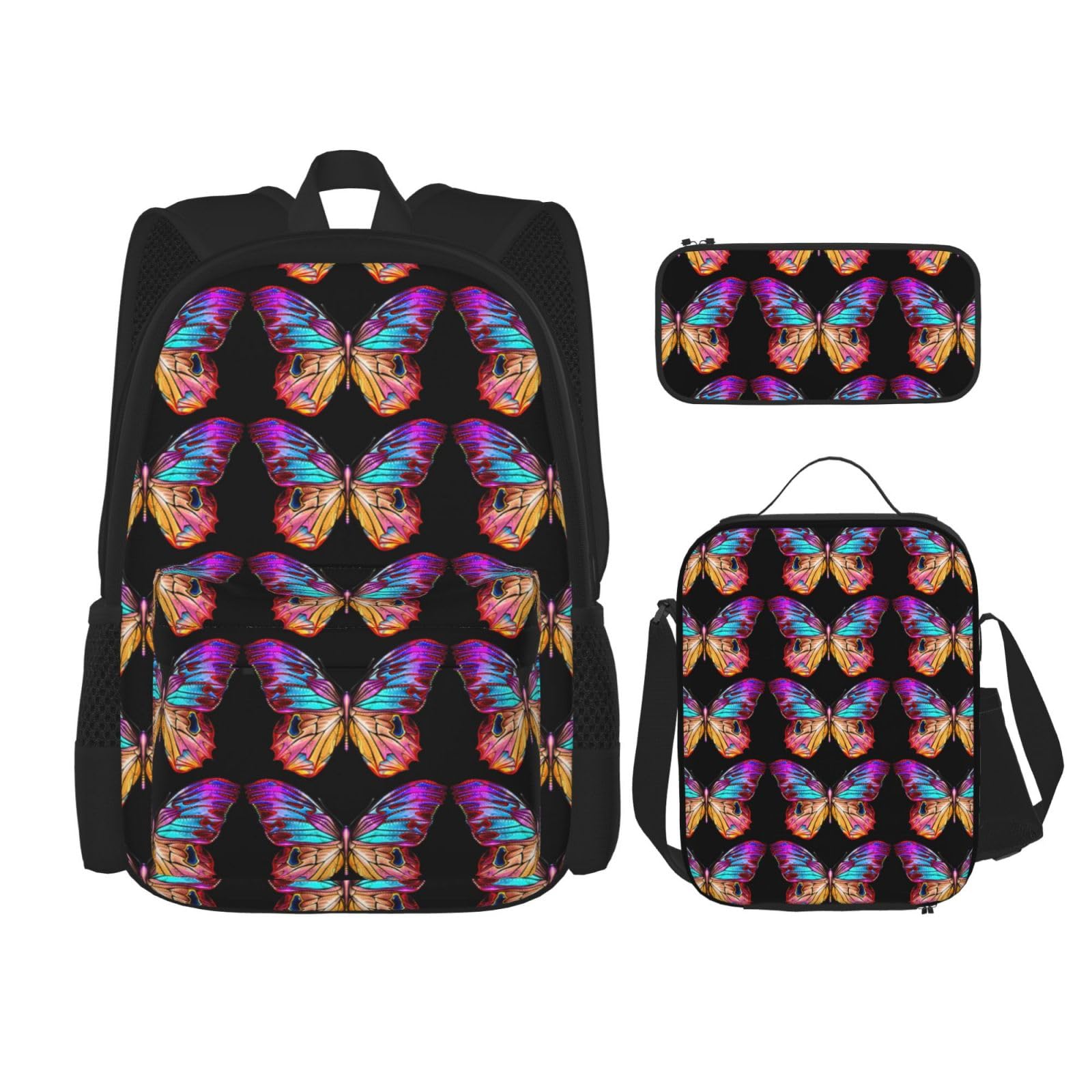 Impresión con bolsa de almuerzo y estuche para lápices, Mariposa colorida., One Size
