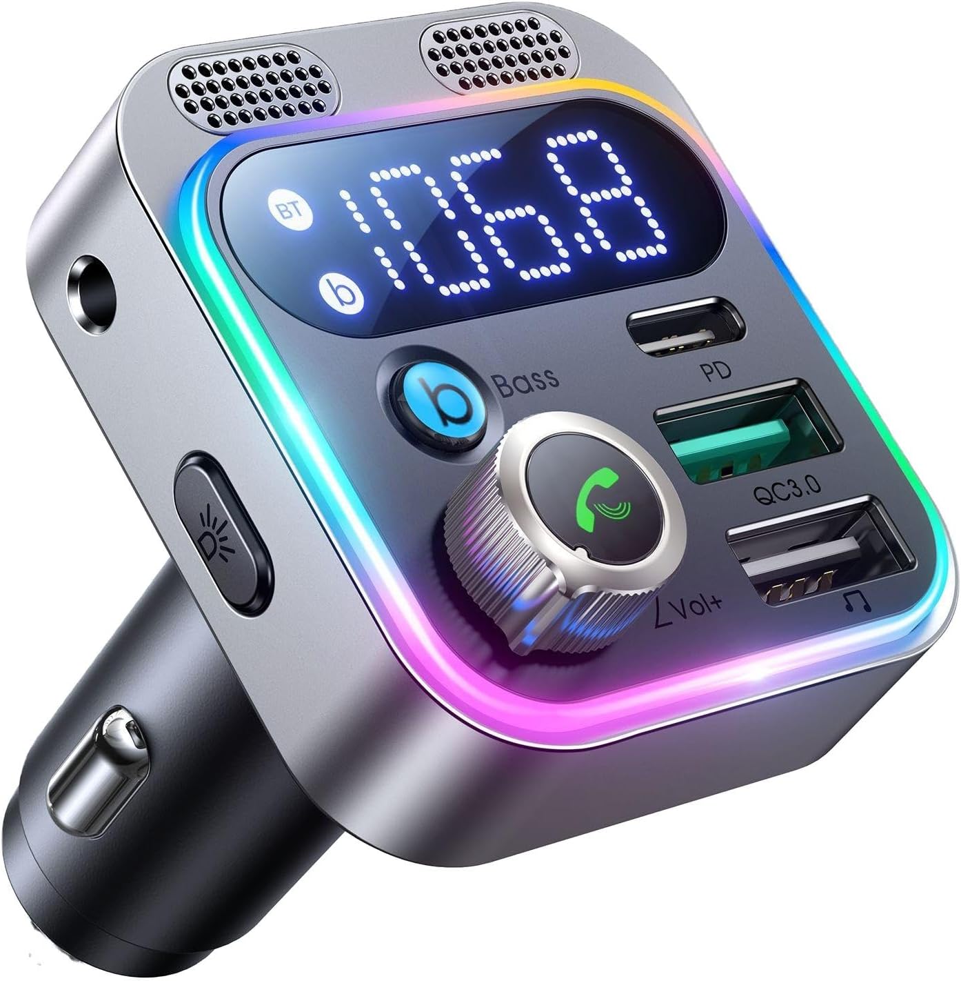 Bluetooth FM Transmitter for Car with Fast Charge, 48W PD 30W QC 3.0 18W, LED Display, Deep Bass Hi-Fi Stereo Audio, MP3 Player, Colorful RGB Lighting