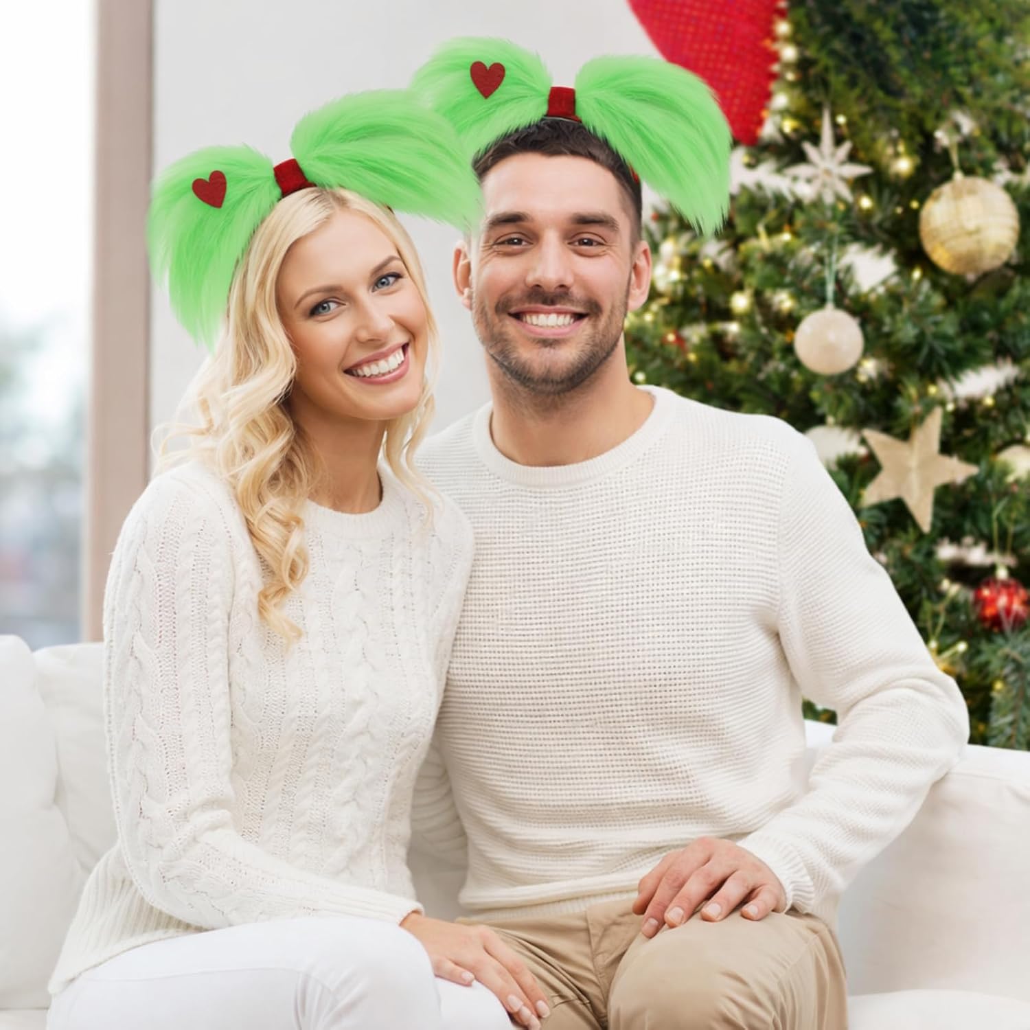 Daifunli 3 Pcs Christmas Green Headband Lime Furry Bow Red Heart Pom Party