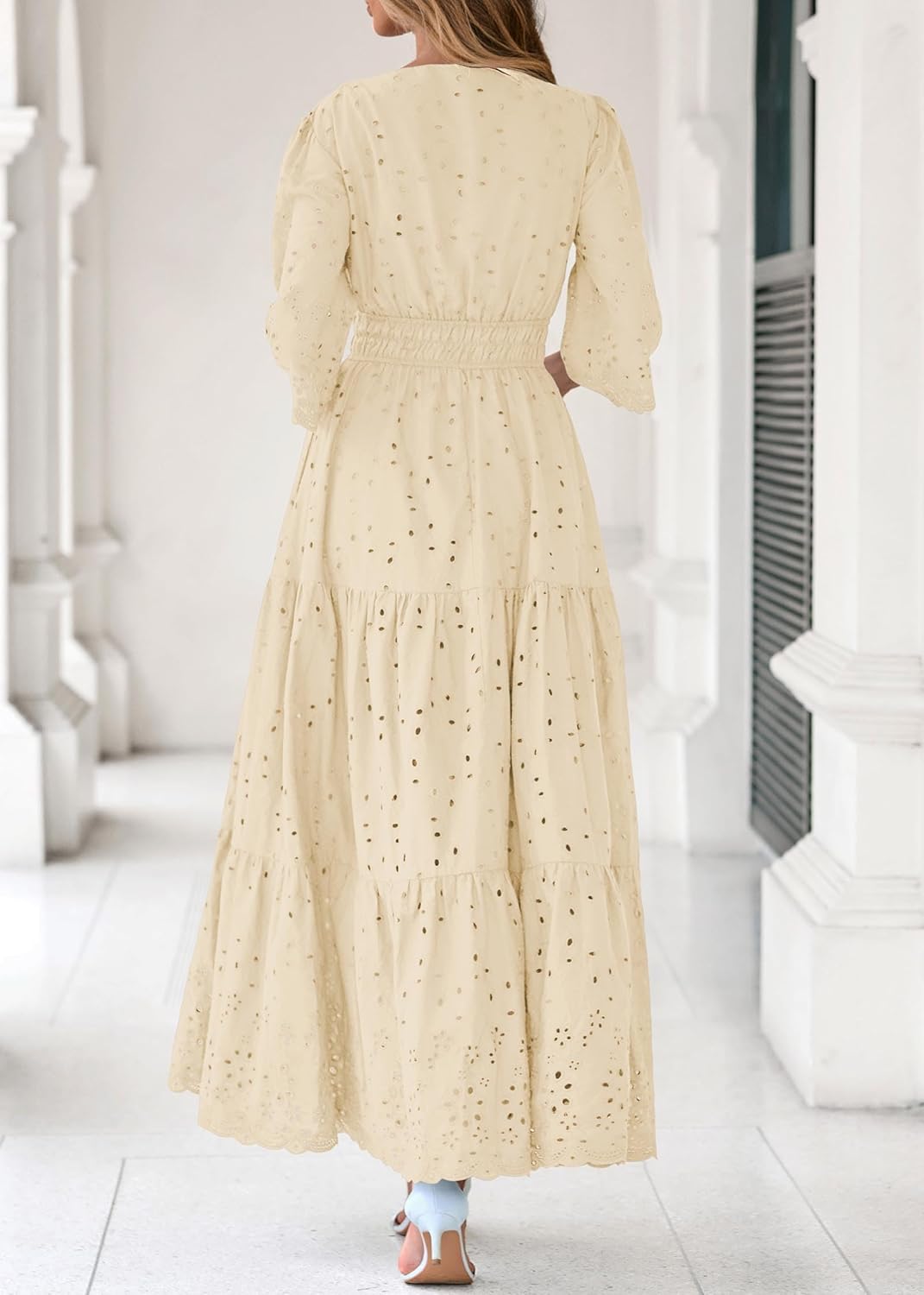 Lazysmile Long Sleeve Dresses for Women V Neck Hollow Out Eyelet Ruffle Swing A-Line Fall Vacation Boho Maxi Dress - Image 2