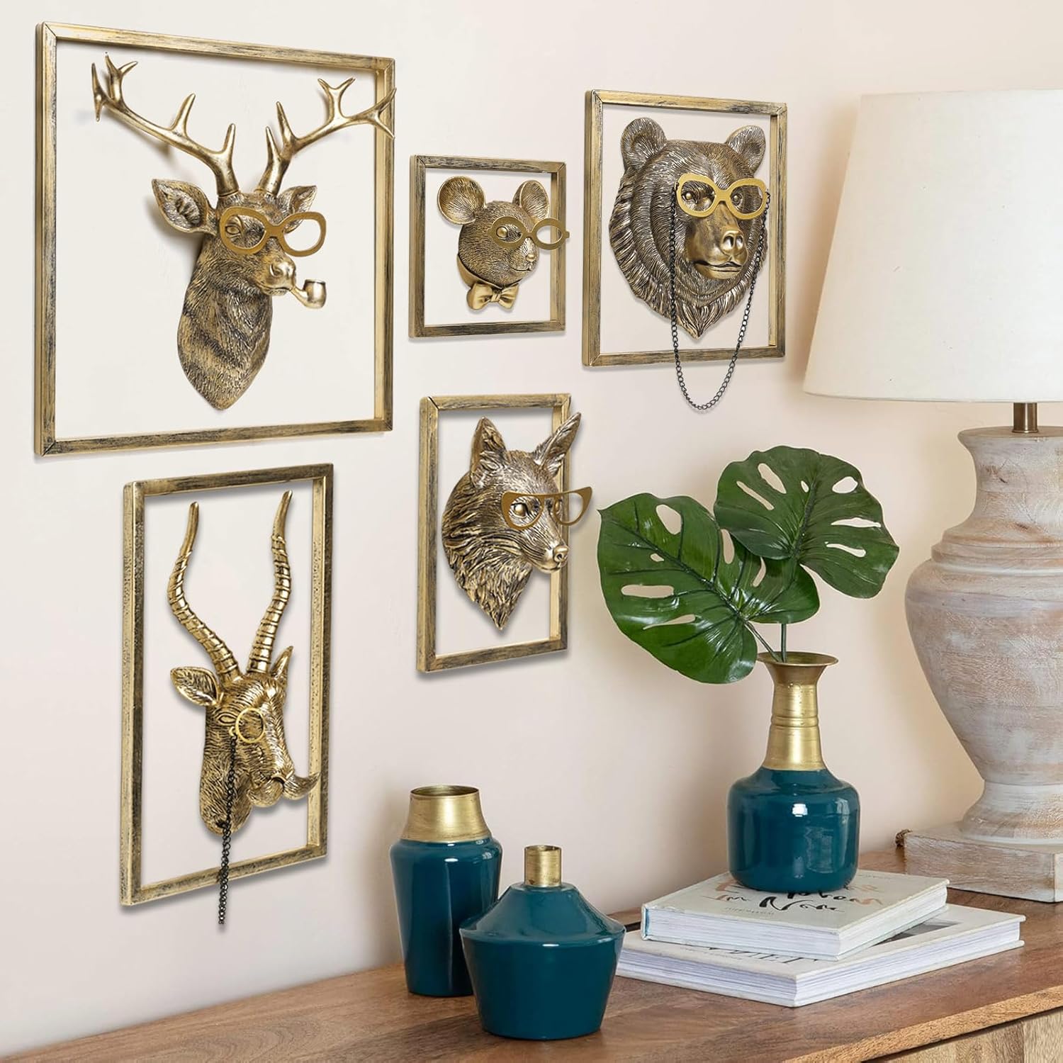 Newinhome Animal Heads Wall Decor (5pcs, Includes Metal Frame) Resin Animals Sculptures Head Wall Hanging Decoration Gold vintage Wall Sculpture for Living Room Bedroom Office - Image 4
