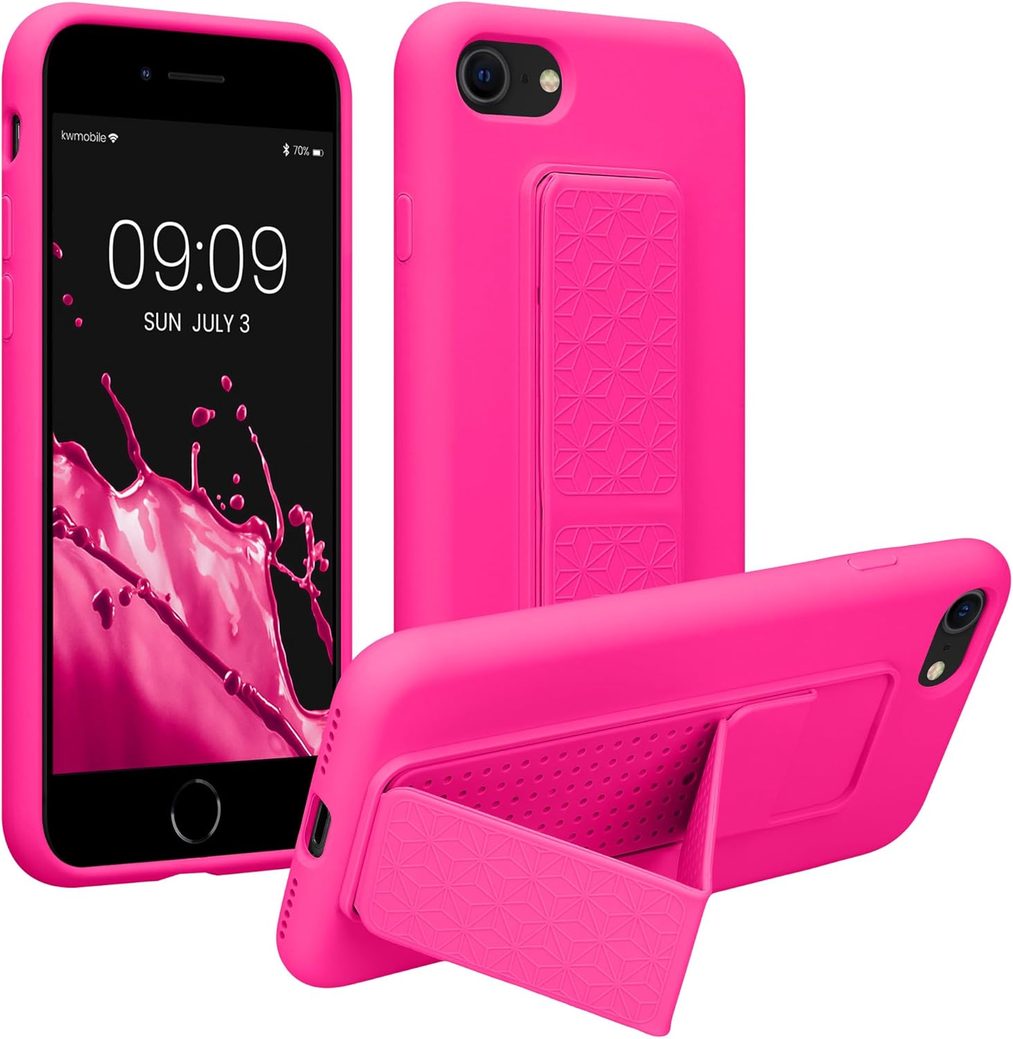 kwmobile Case Compatible with Apple iPhone SE (2022) / iPhone SE (2020) / iPhone 8 / iPhone 7 - Case with Hand Strap and Stand Soft TPU Silicone Coating - Neon Pink