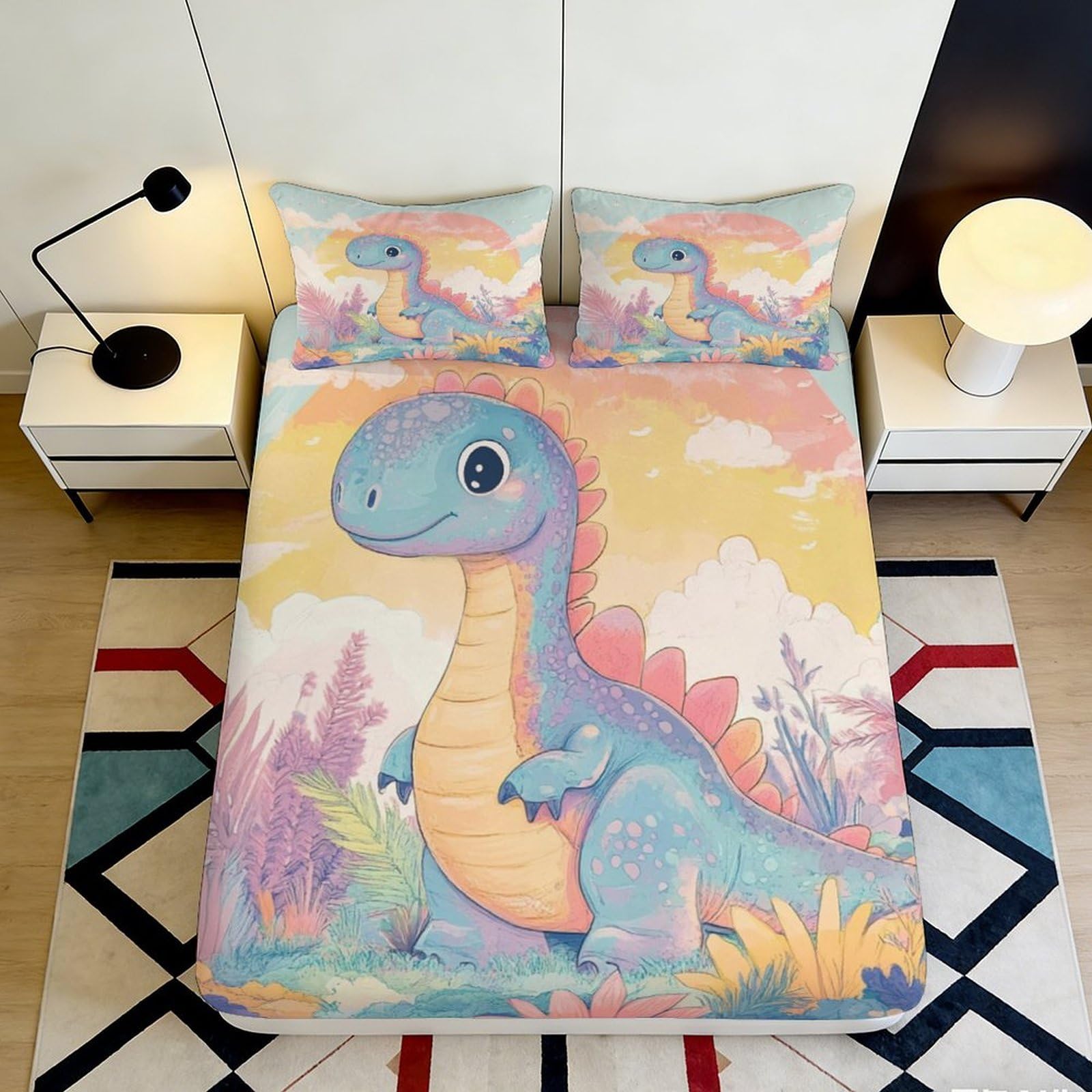 3D Printed Cute Dinosaur Fitted Sheet Microfiber Soft Breathable Cartoon Jungle Mattress Cover for Bedroom Dorm Mattress Decor 140x200x25cm