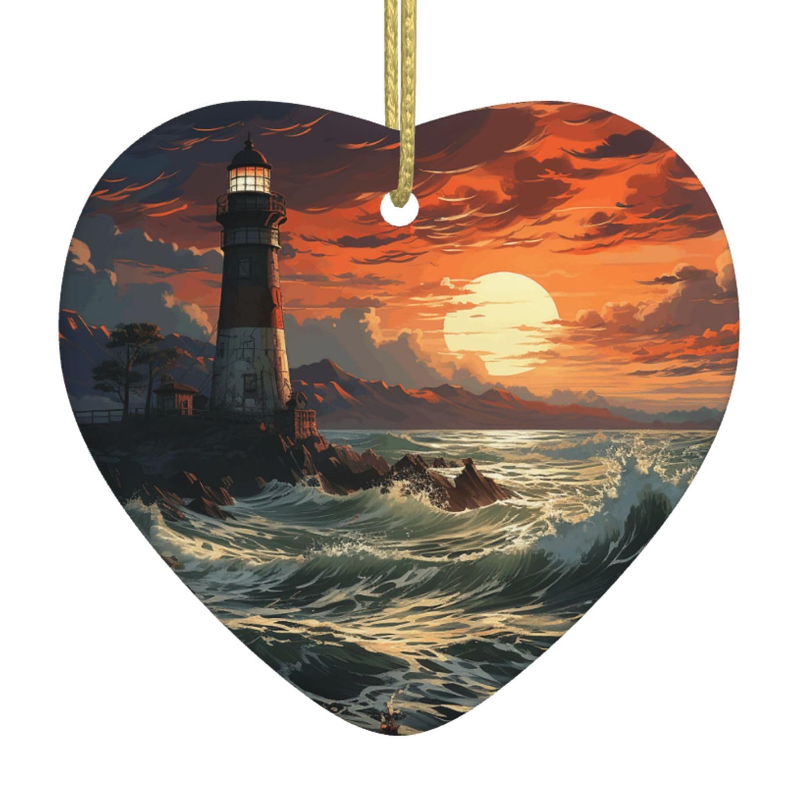 Lighthouse Christmas Ornament 2025 Heart Ceramic Hanging Ornaments for Home Decor Christmas Decorations with Gold Rope Double-Sided Xmas Tree Ceramic Hanging for Holiday Party