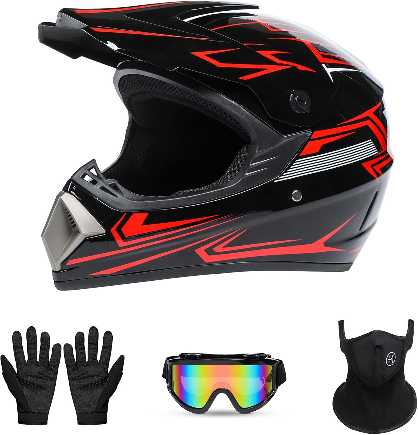 Motorcross Helmet, Off-Road Dirt Bike Helmet, ATV Helmet, Youth Motorcycle Helmet, Unisex Full-face Helmet, Comfortable and Lightweight, FMVSS-218 Safety Certified,4 Piece Set