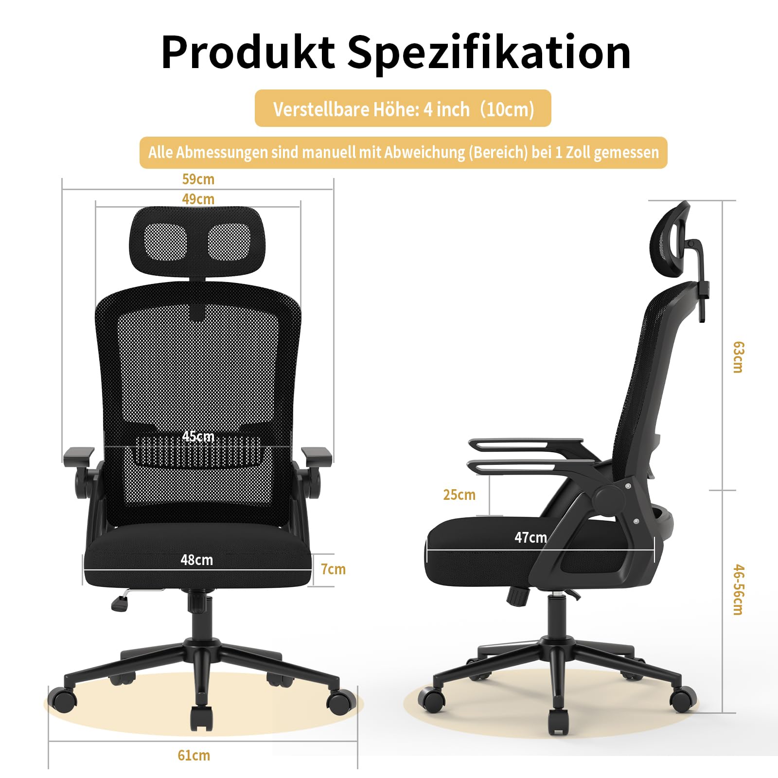 rattantree Schreibtischstuhl Ergonomischer Schwarz für Zuhause Büro | Bürostuhl mit Verstellbaren Kopfstütze Armlehnen, Drehstuhl mit Netzbespannung, Lordosenstütze, Höhenverstellbarer
