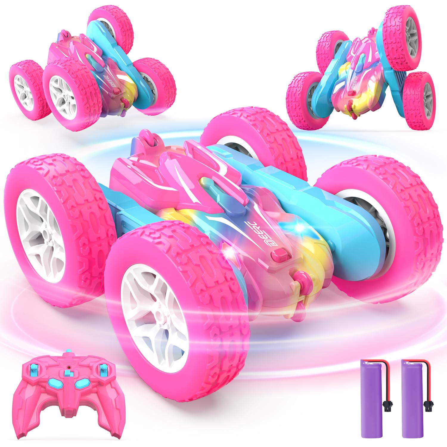 DEERC Pink Remote Control Car for kids Toys with Colorful Light, Rechargeable Driving RC Stunt Cars, Double-Sided 360 Rotating 4WD RC Stunt Car Toys for Girls Aged 6-12