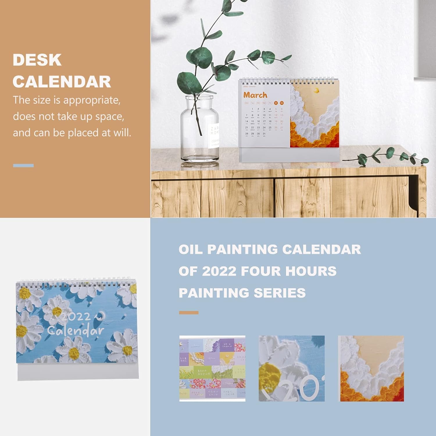 Amazon Nuolux 22 カレンダー 卓上 おしゃれ カレンダー 日曜始まり スケジュール 書き込み 油絵 家庭 学校 オフィス用 青 カレンダー 文房具 オフィス用品