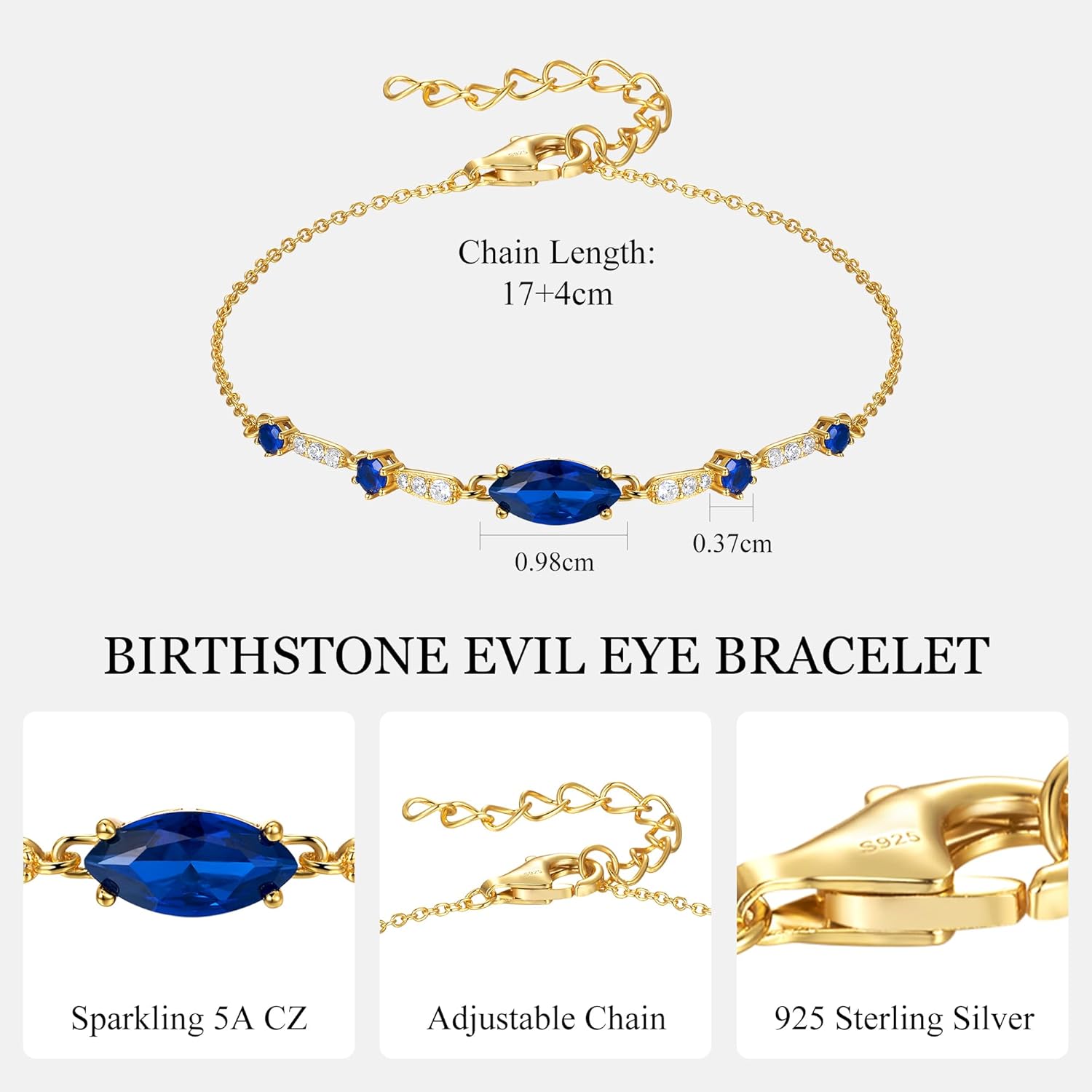 E Gifts for Her Birthstone Bracelets: 5A CZ REAL 18K White/Yellow Gold Plated 925 Sterling Silver Charm Chain Link Bracelet - Birthday Gift for Women Wife Mom Daughter Girlfriend - Image 4