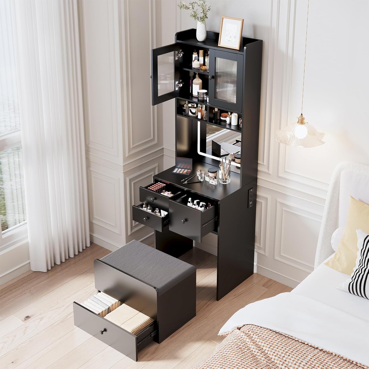 3-in-1 Make Up Vanity Desk with Mirror & Lights, Compact Vanity Table with Drawers, Storage Compartment and Rolling Stool, Modern Small Makeup Vanity and Storage Chair for Bedroom, Powder Room