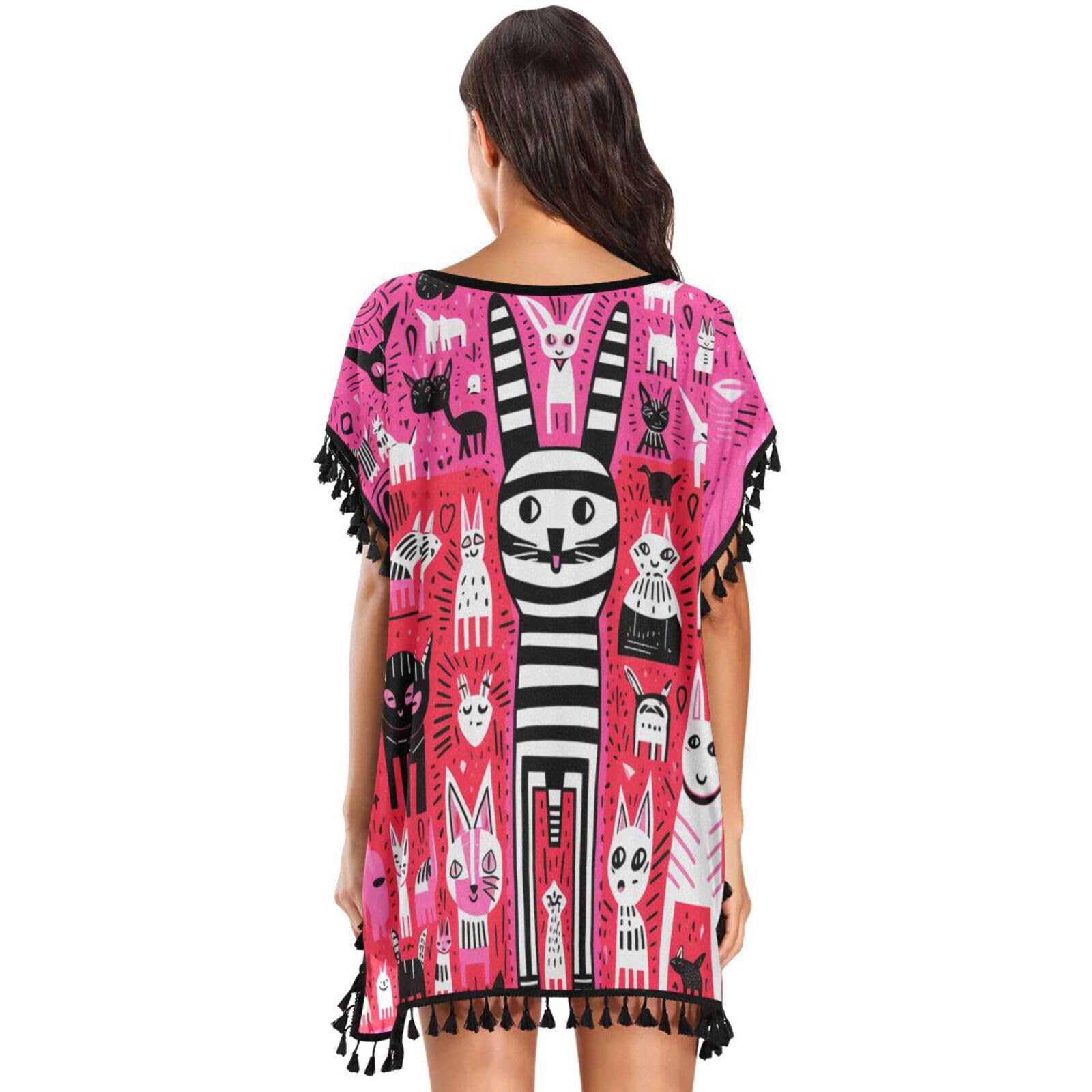 Pink Doodle Art Zebra Women's Beach Cover Up Chiffon Tassel Swimwear Swimsuit Coverups for Girl