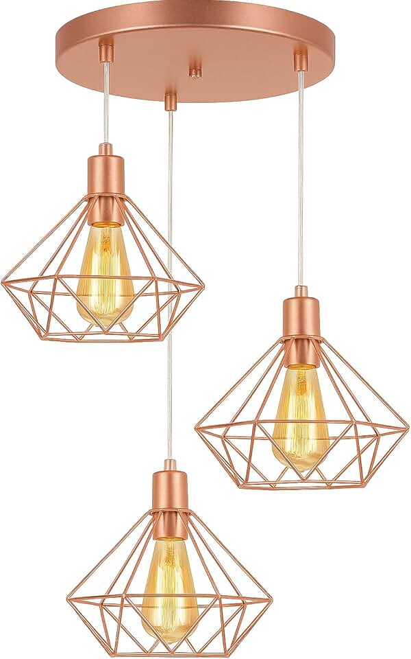 Lustre Pendente Triplo Diamante, Aramado Rose Gold, Estilo Industrial Decorativo