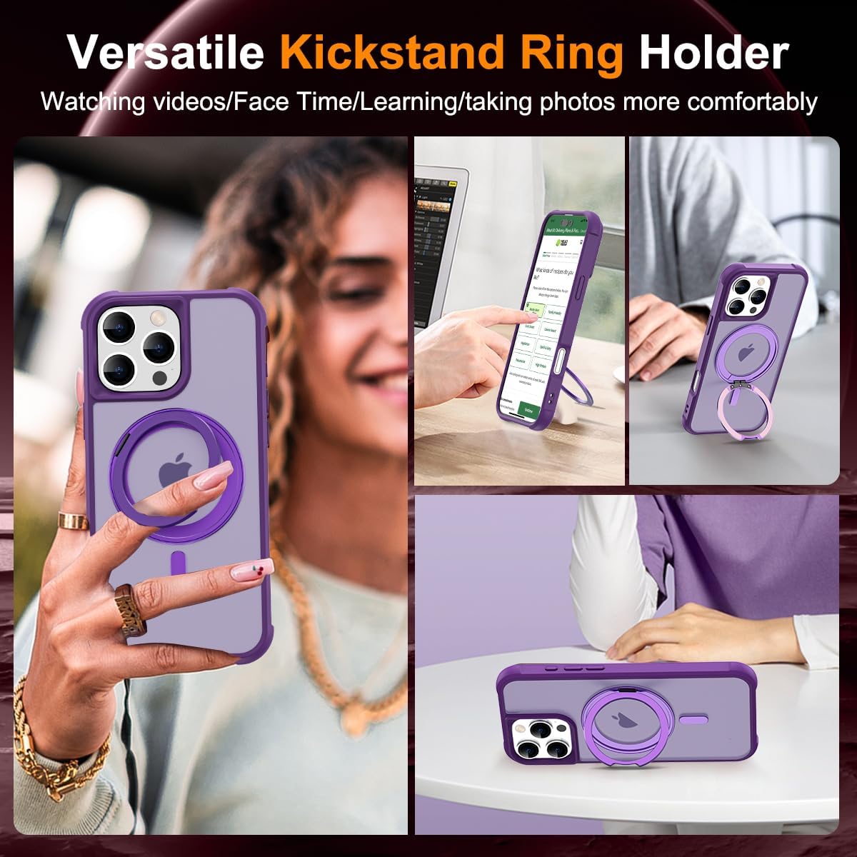 for iPhone 16 Pro Case with 360° Rotatable Magnetic Ring Stand [Compatible Mag-Safe] [Military Grade Protection] Translucent Matte Phone Cases for Women Men 6.3'',Purple